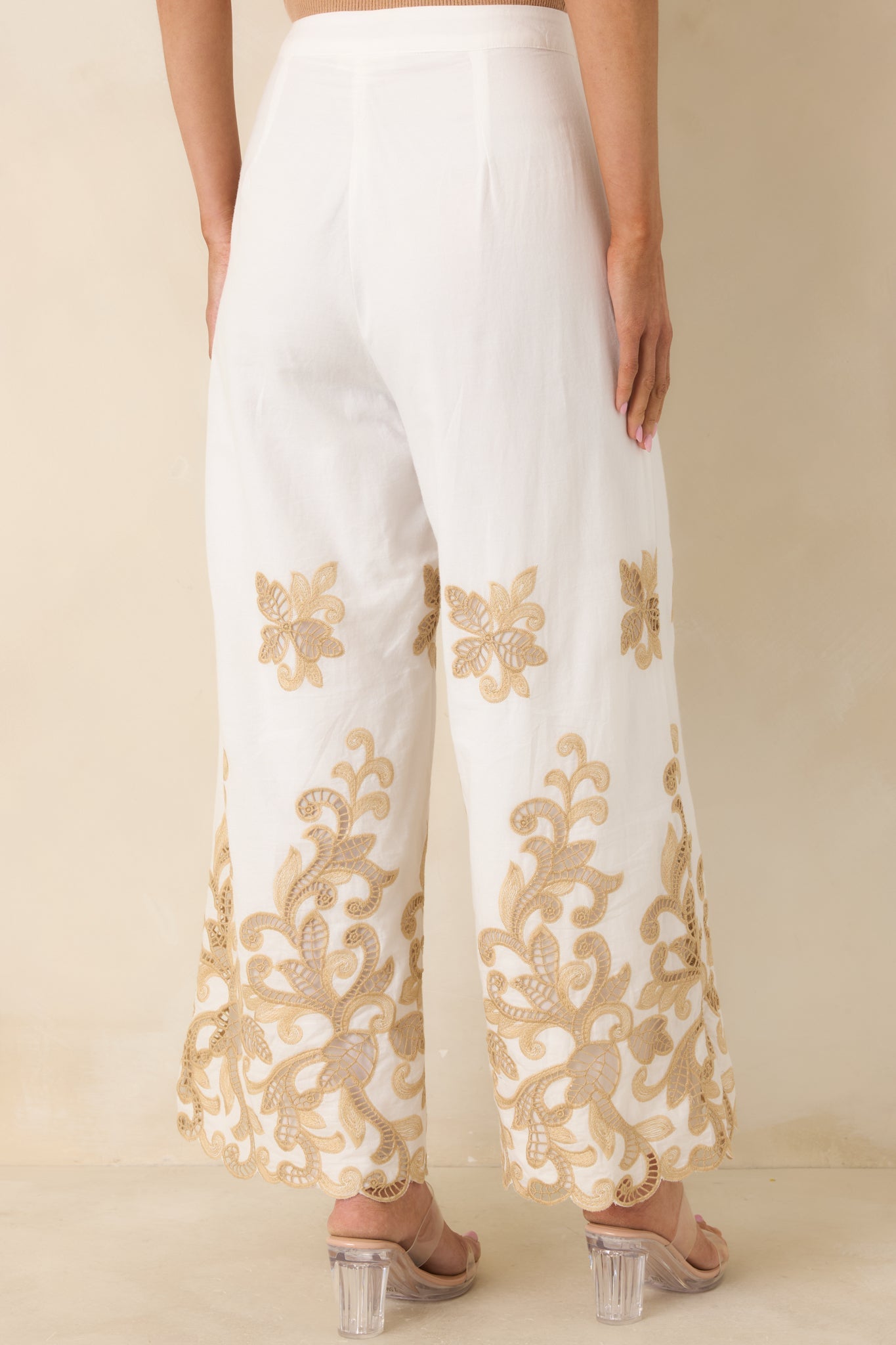 Kiss Me in Champagne Ivory Cotton Lace Applique Wide Leg Pants