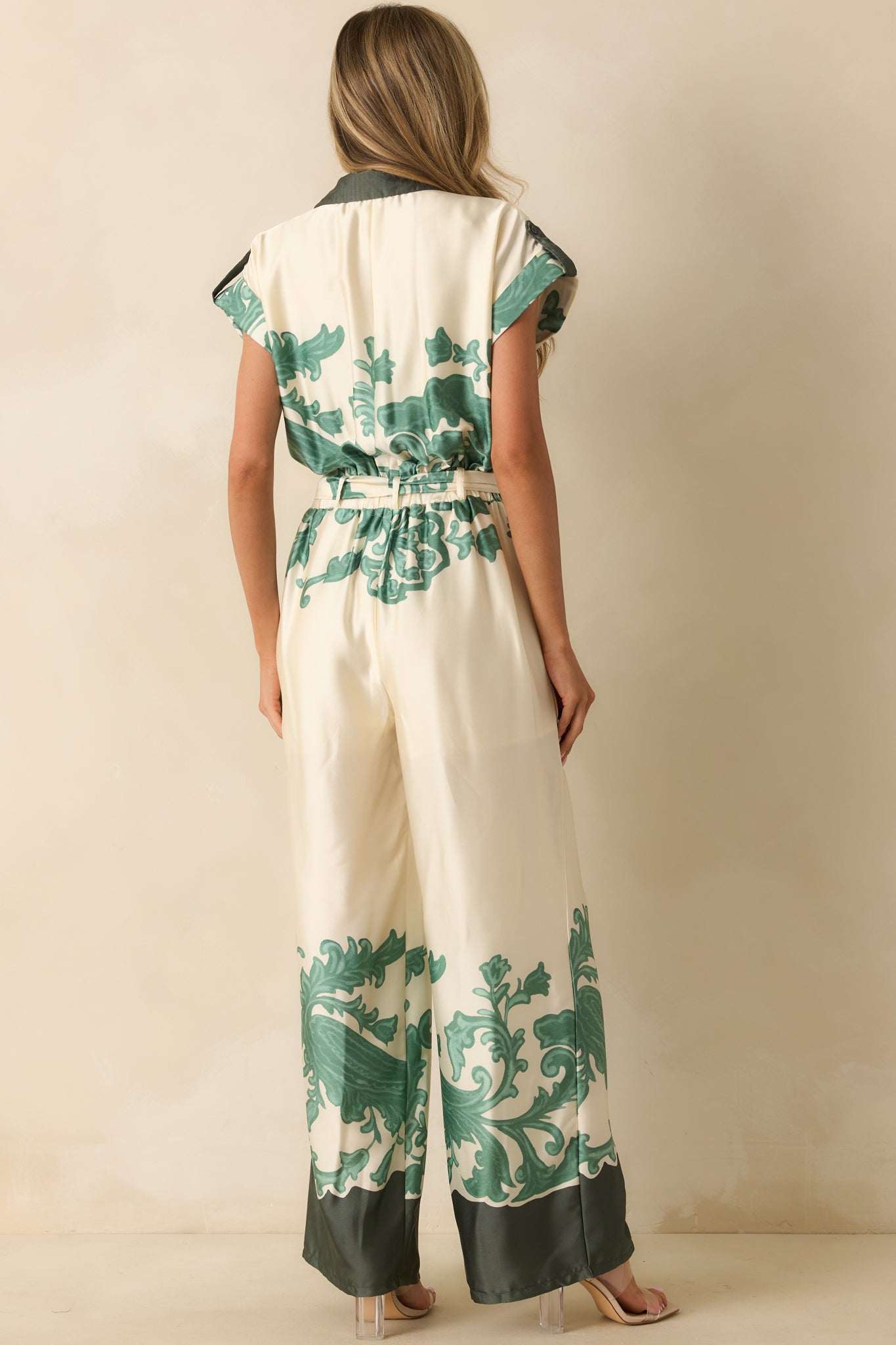 In So Many Words Green Multi Print Button Up Wide Leg Jumpsuit