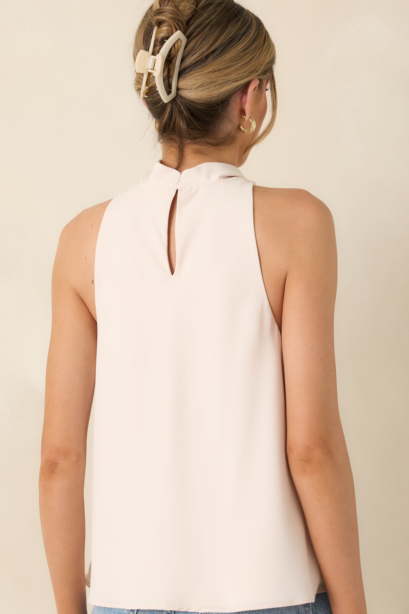 Effortlessly Refined Light Beige Draped Neck Gold Accent Sleeveless Top