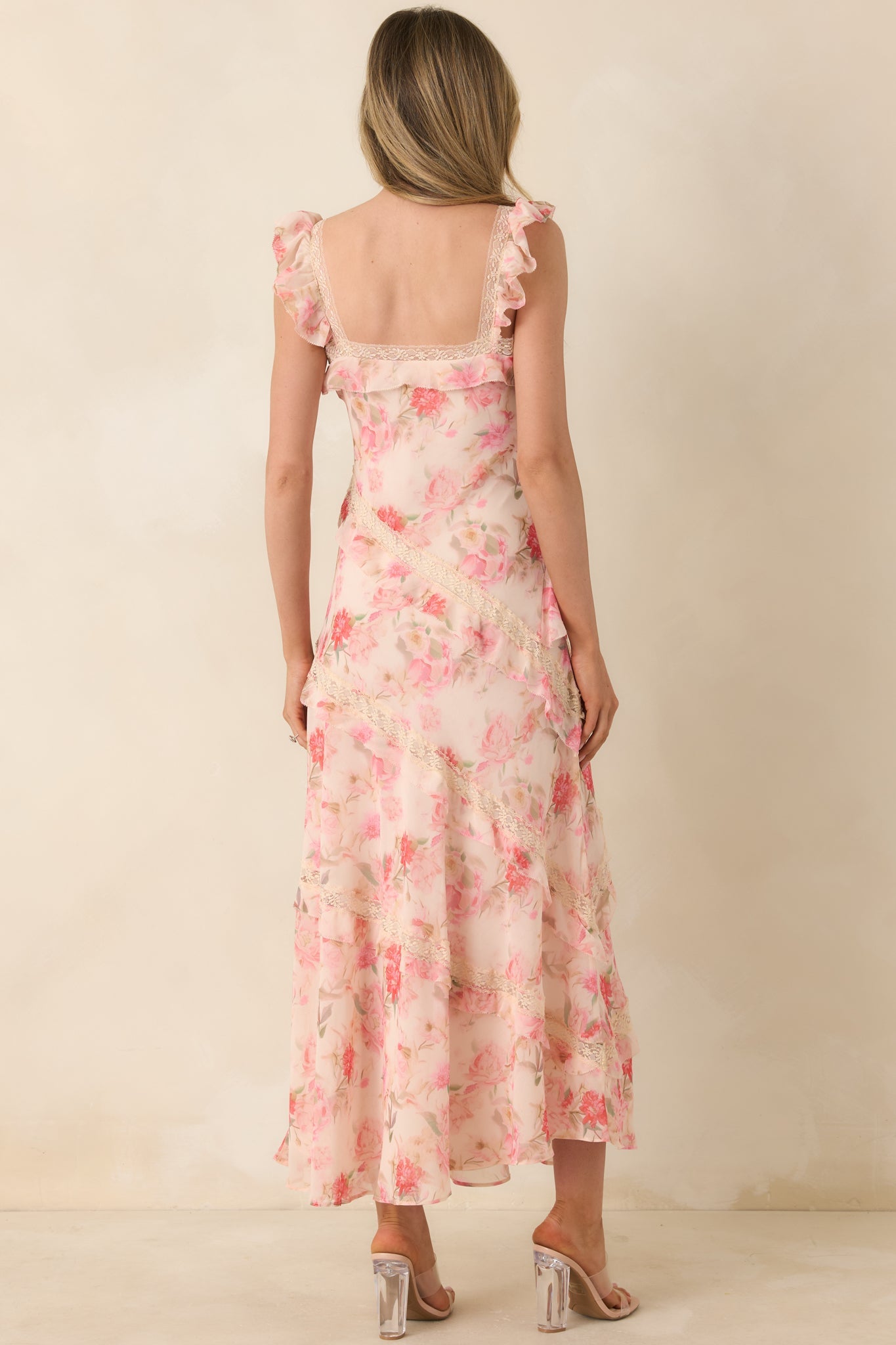 Yours Always Coral Pink Floral Lace & Ruffle Trim Midi Dress