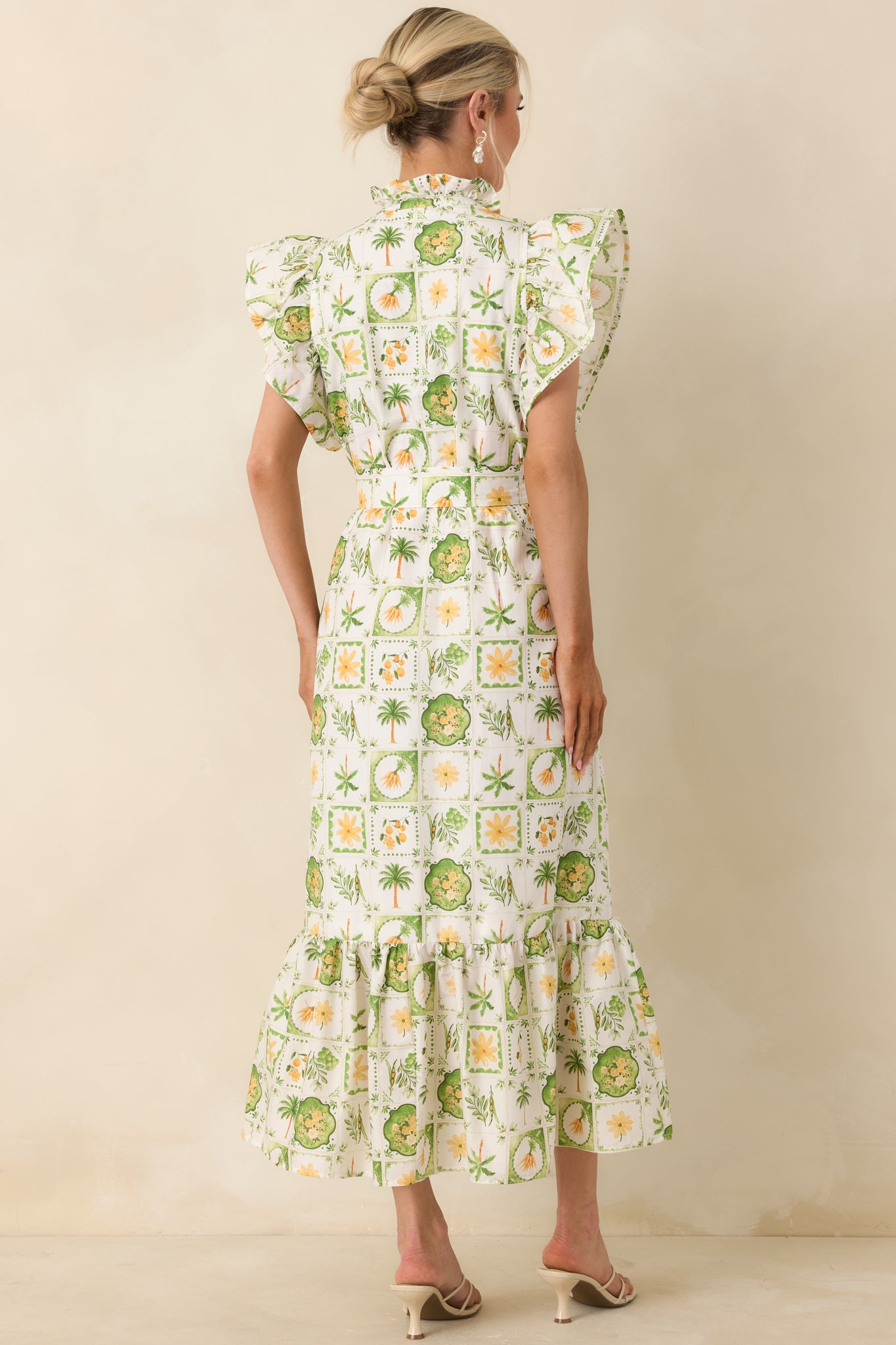 Somewhere Sunny Green Multi Cotton Ruffle Maxi Dress