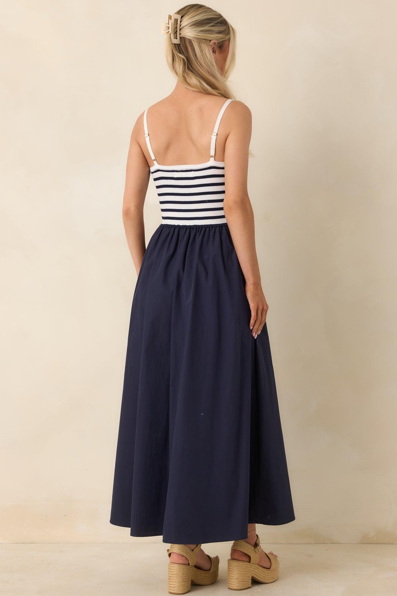 Exactly Like This Navy Stripe Ribbed Knit Cutout Cotton Maxi Dress