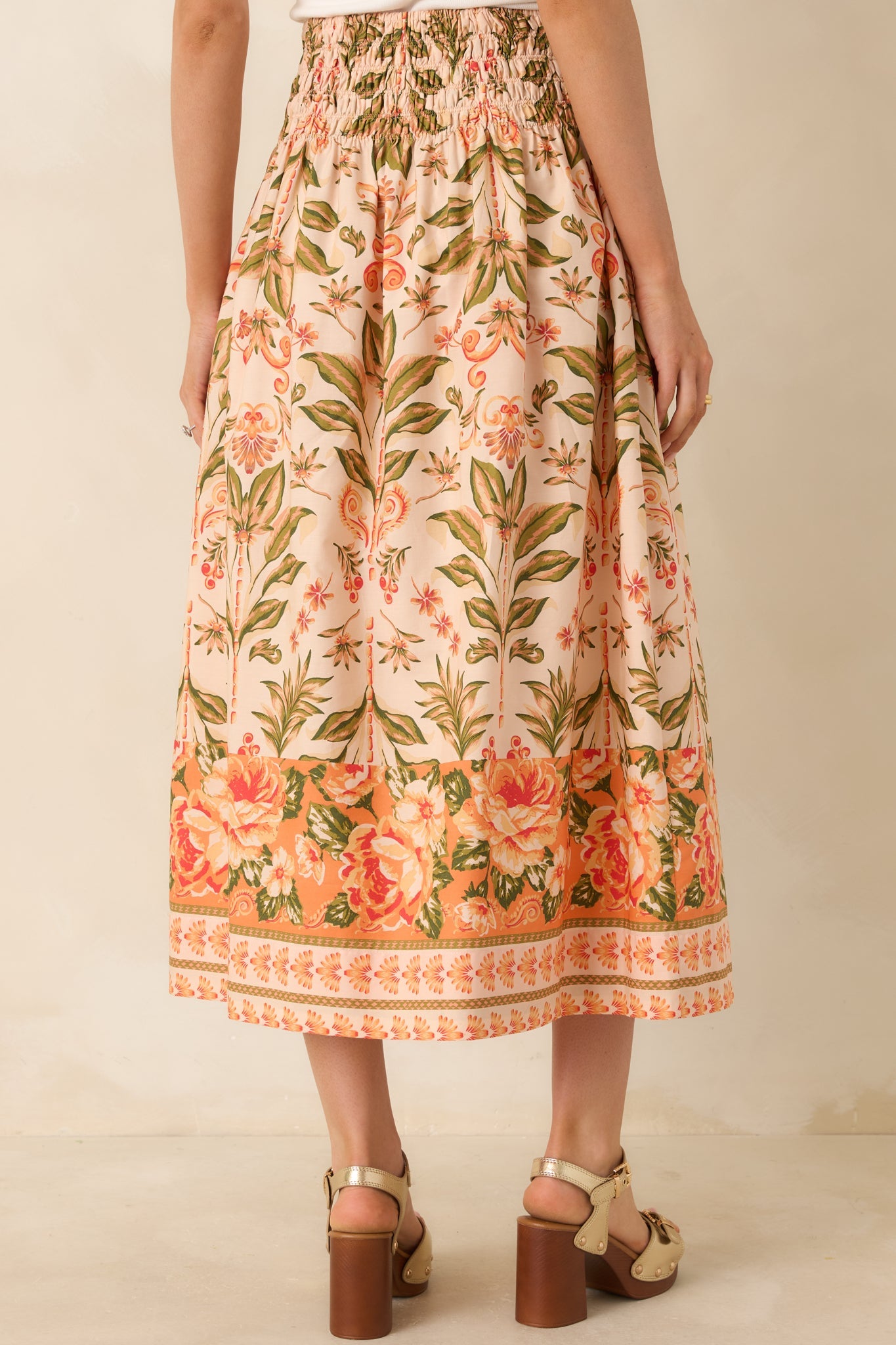 Bloom With Me Peach & Meadow Green Floral Cotton Midi Skirt