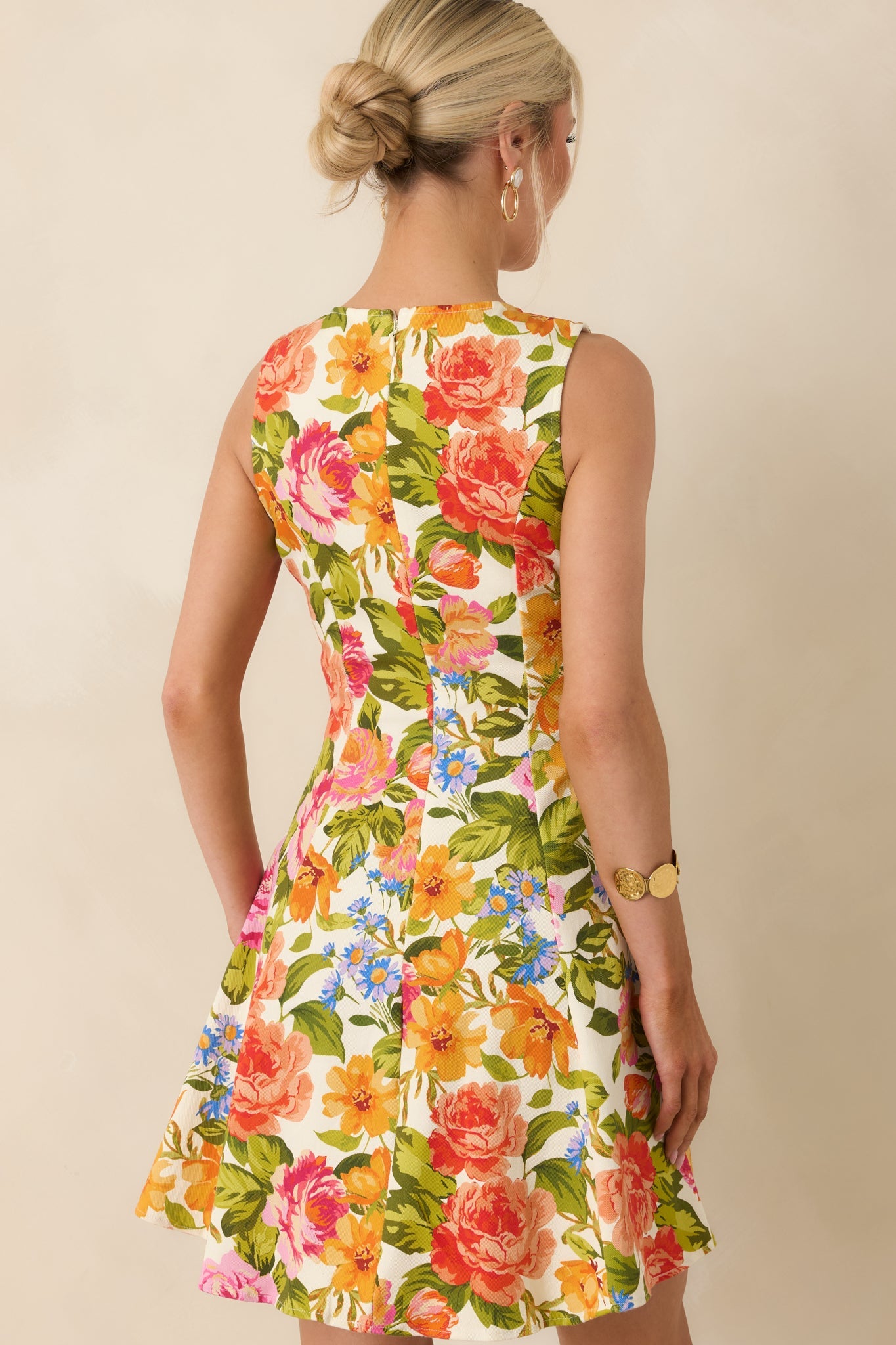 Blooming Bright Multi Floral Cotton Flared Sleeveless Mini Dress