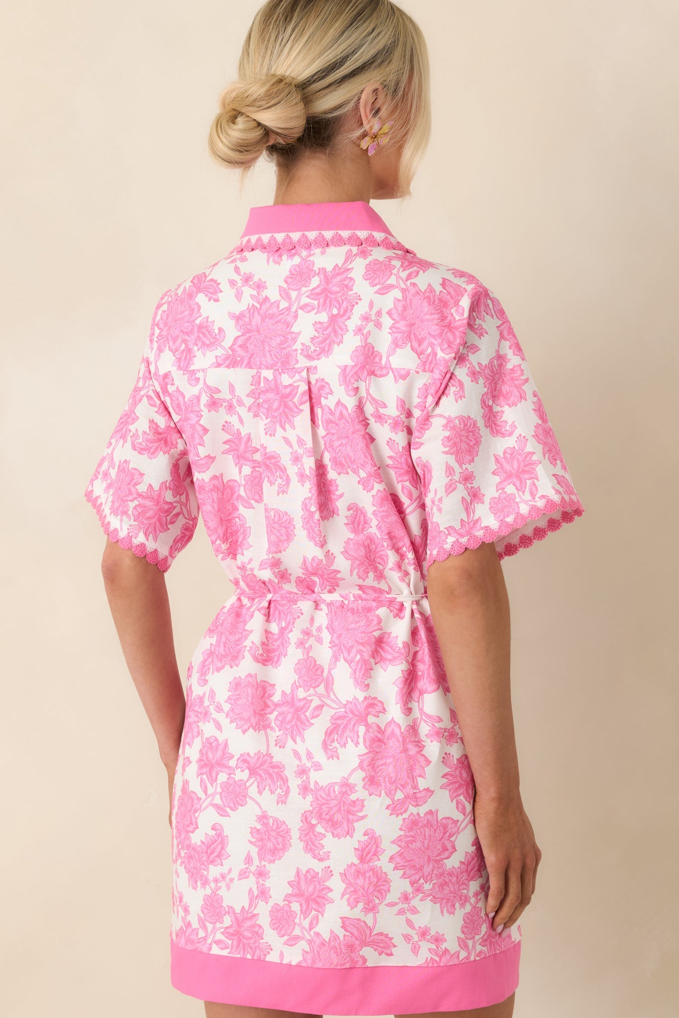 Pretty Impressive Pink & Ivory Floral Cotton Linen Mini Shirt Dress
