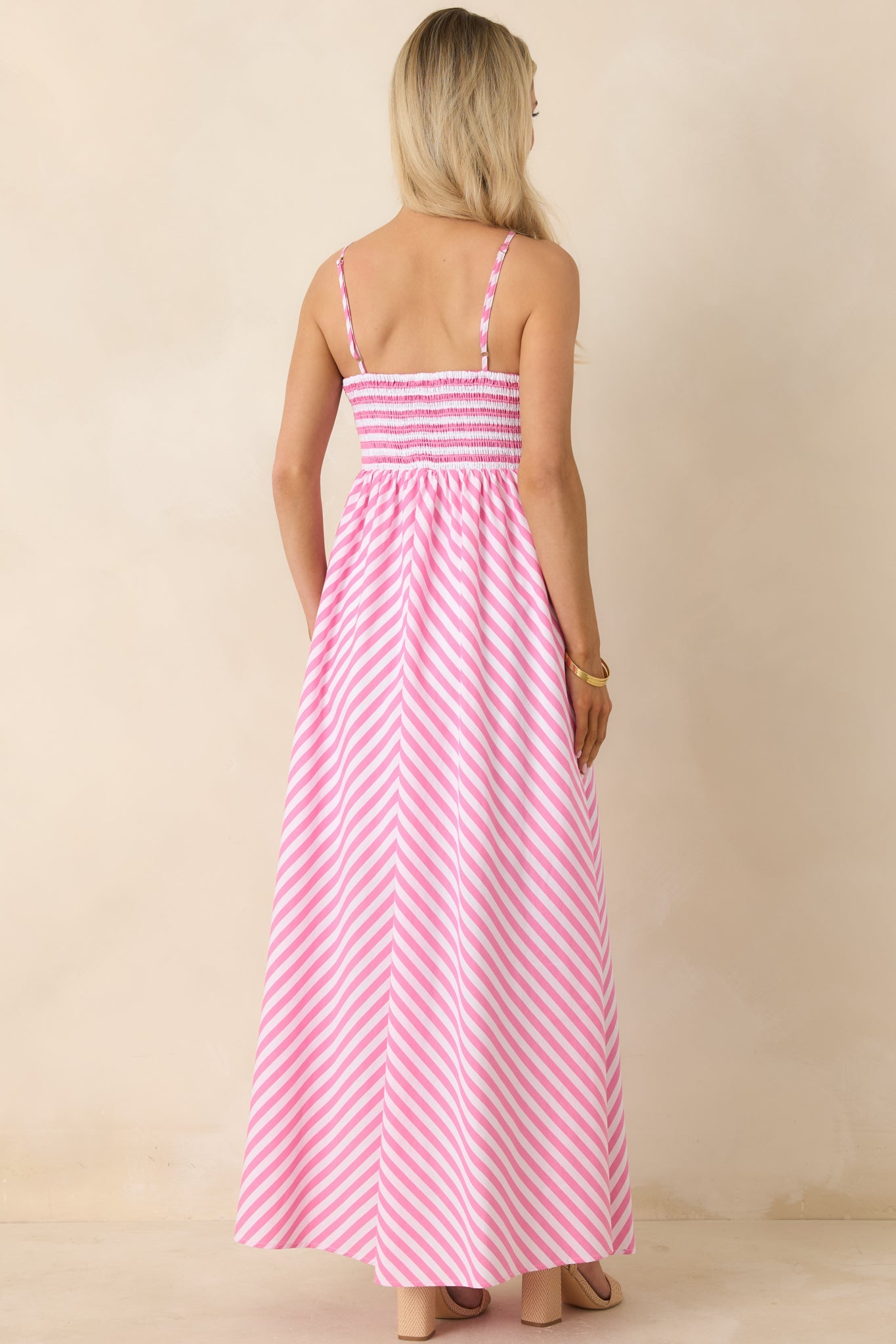 Picnic Pretty Pink Stripe Cotton Floral Hem Halter Maxi Dress