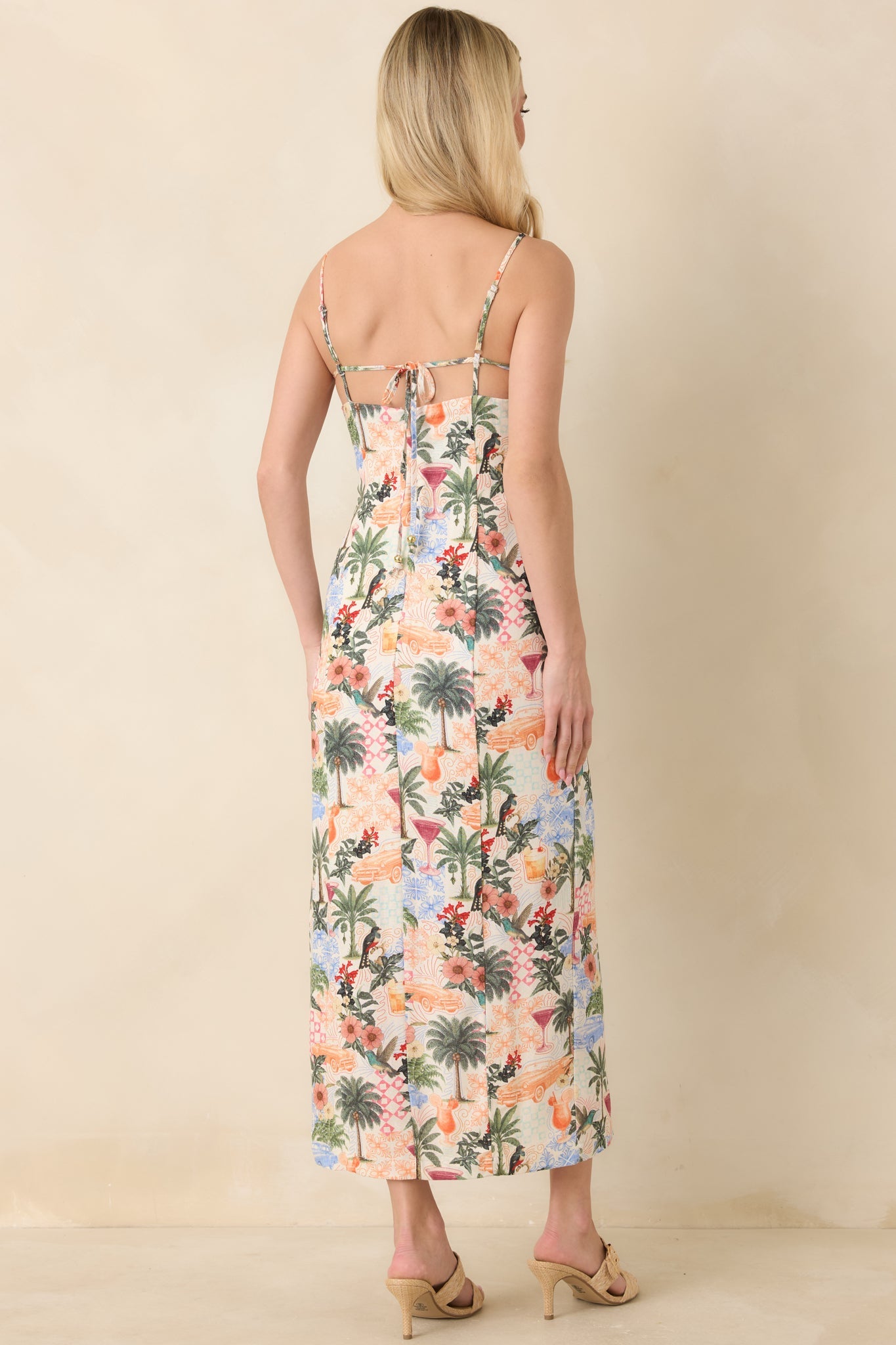 Sipping Under the Palms Multi Tropical Print Bead Detail Midi Dress