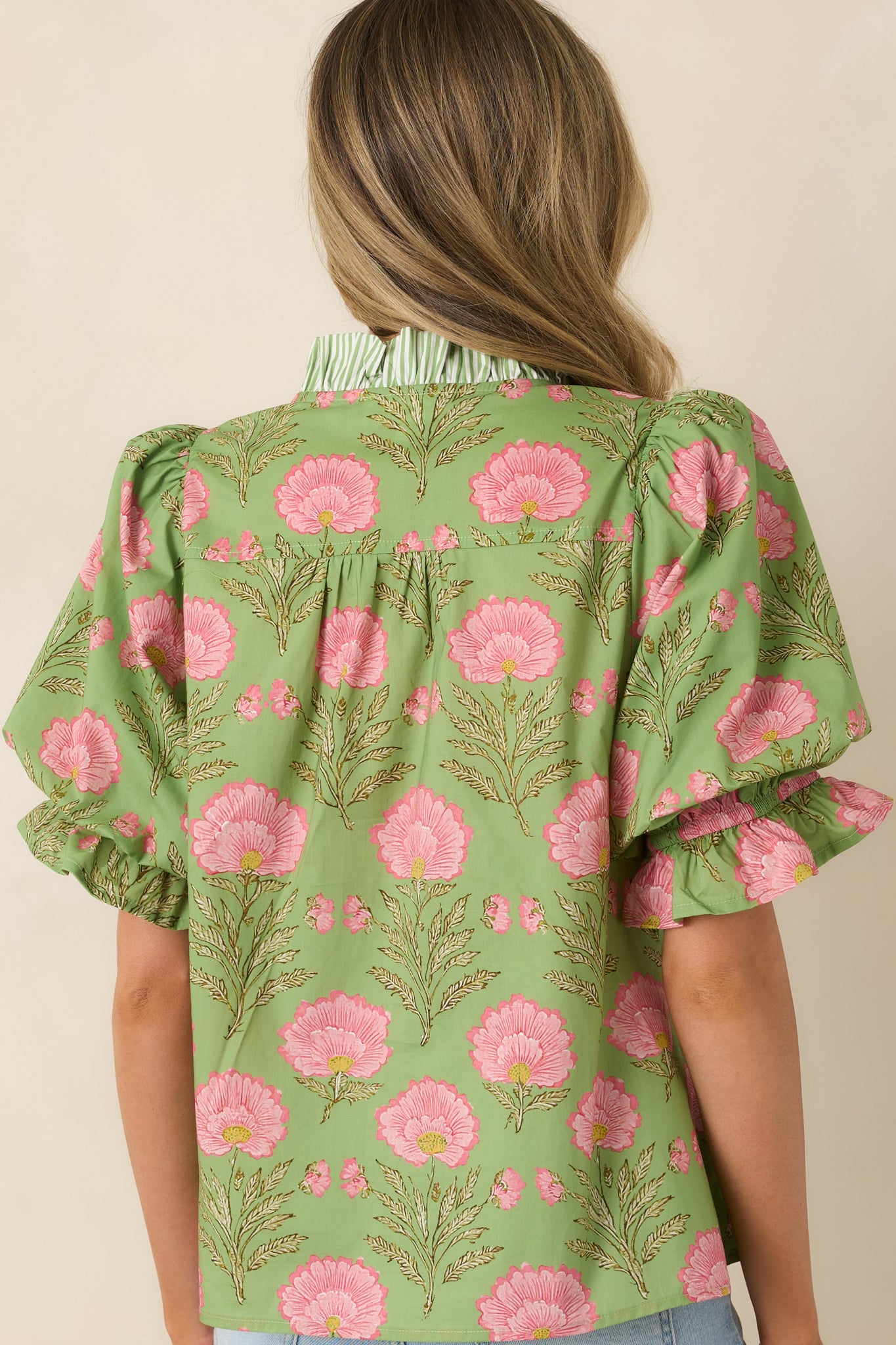 Meadow Morning Green & Pink Floral Print Puff Sleeve Top