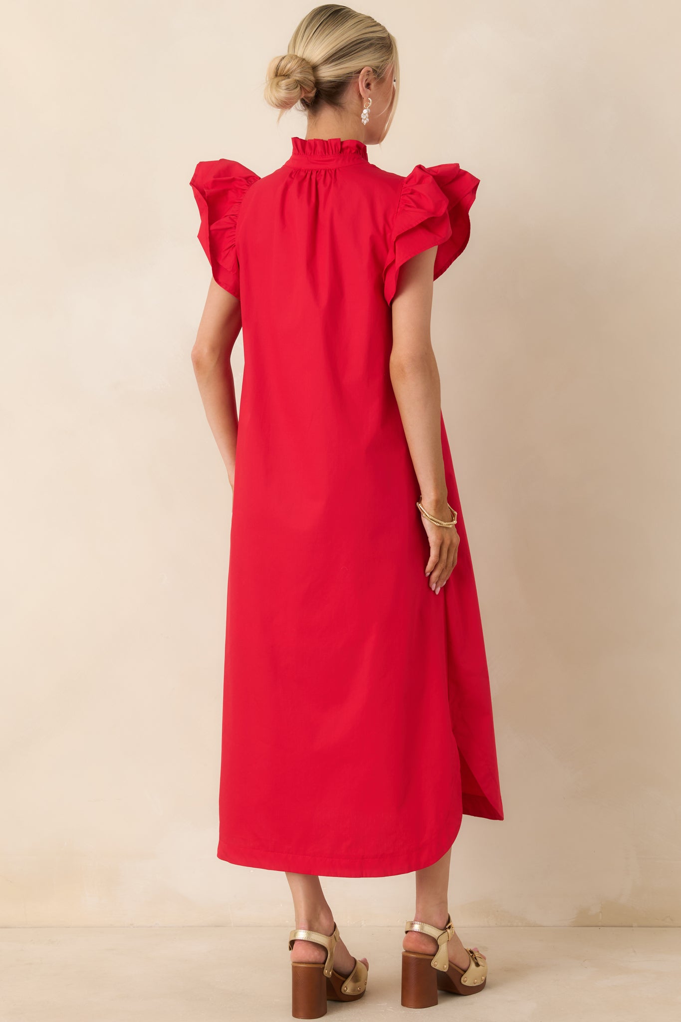 Exactly As Planned Red Cotton Ruffle Button Front Midi Dress