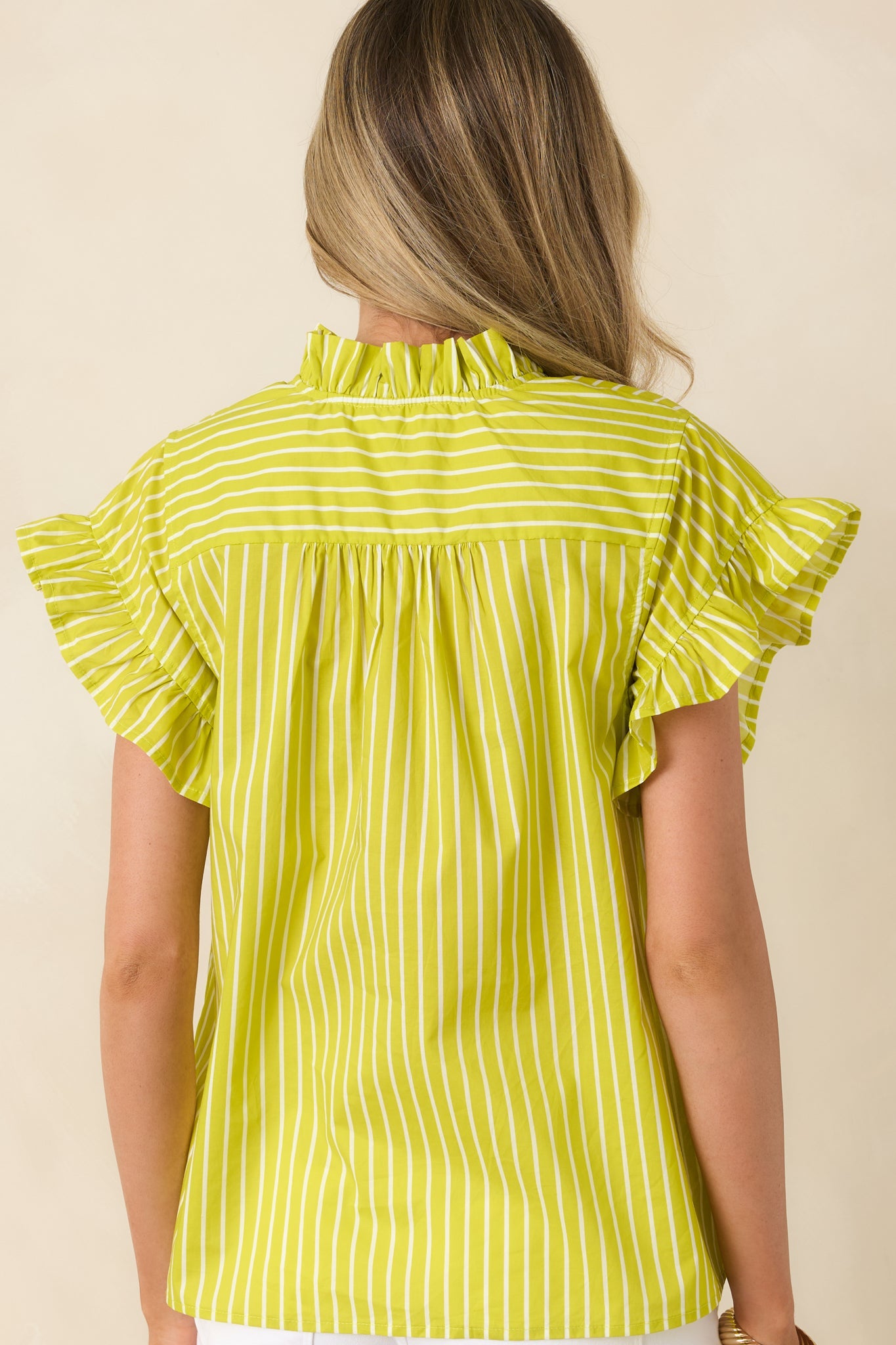 Say Less Chartreuse Stripe Cotton Ruffle Trim Blouse