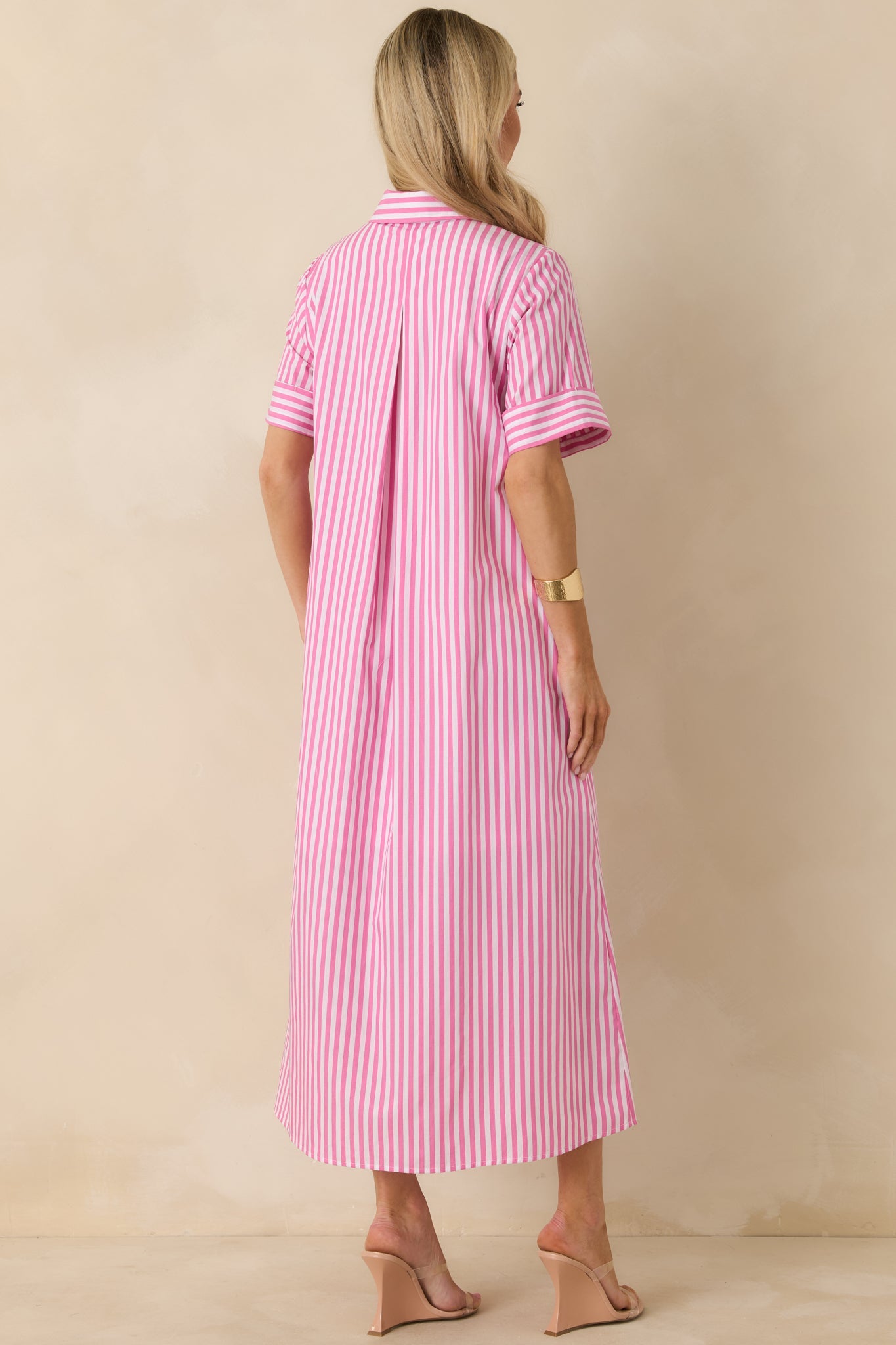 Pretty in Pinstripes Pink Cotton Stripe Button Front Maxi Shirt Dress