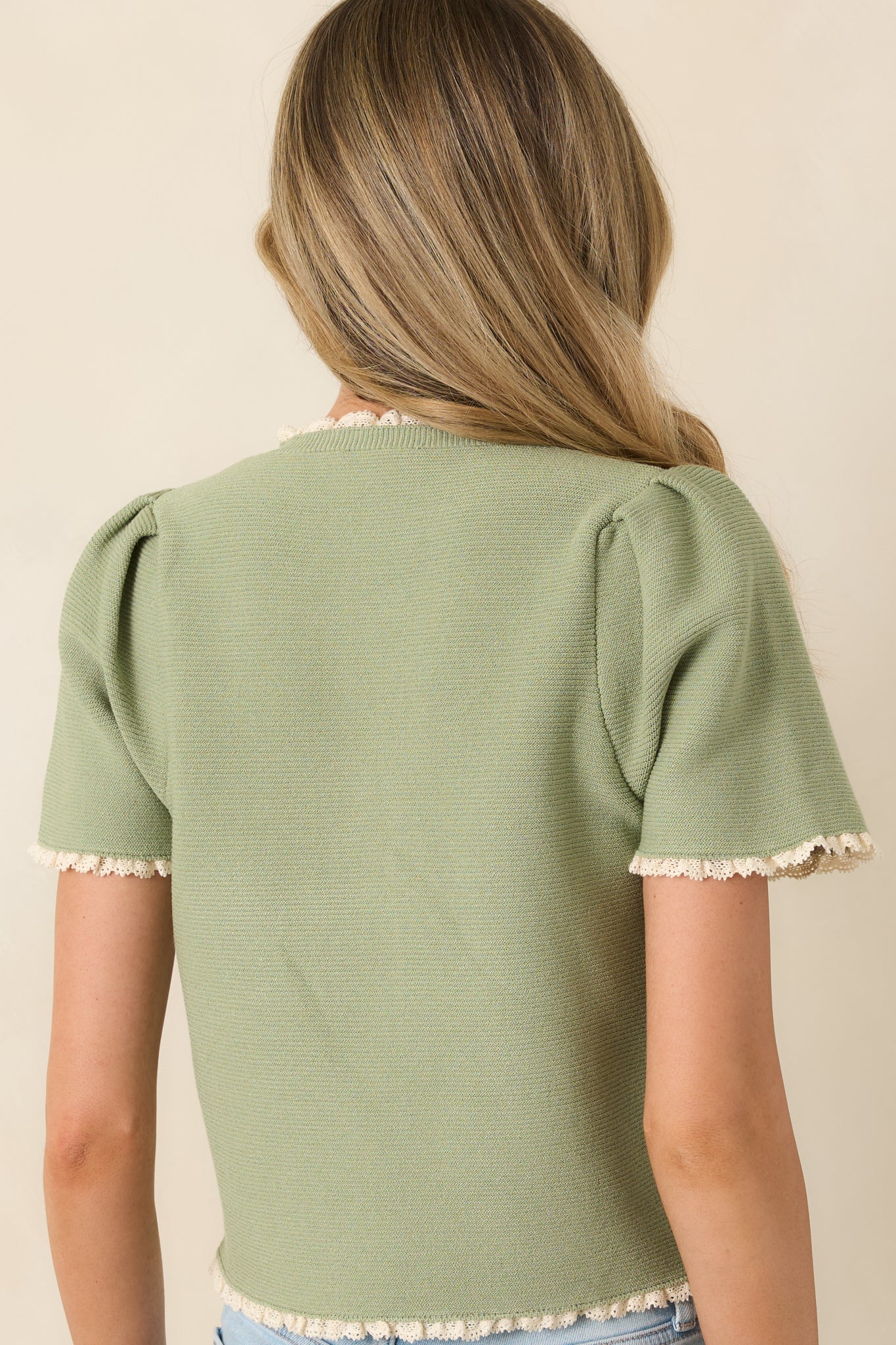 Like a Dream Light Green Knit Lace Trim Button Front Top