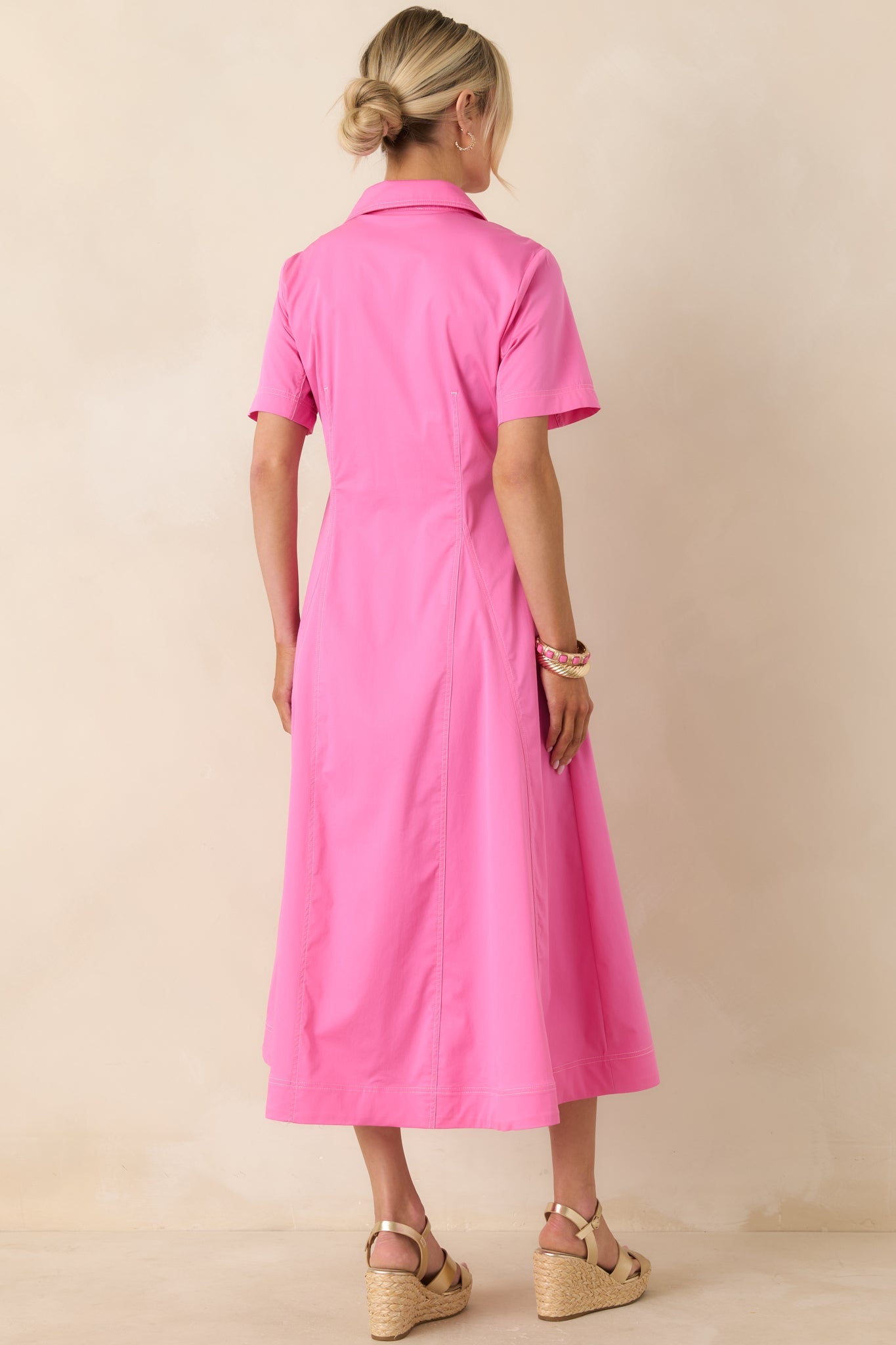 Make It Look Easy Pink Short Sleeve Midi Shirt Dress