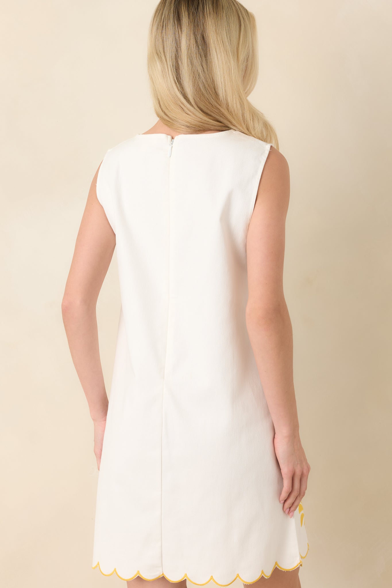 Golden Coastlines White & Yellow Embroidered Scalloped Cotton Mini Dress