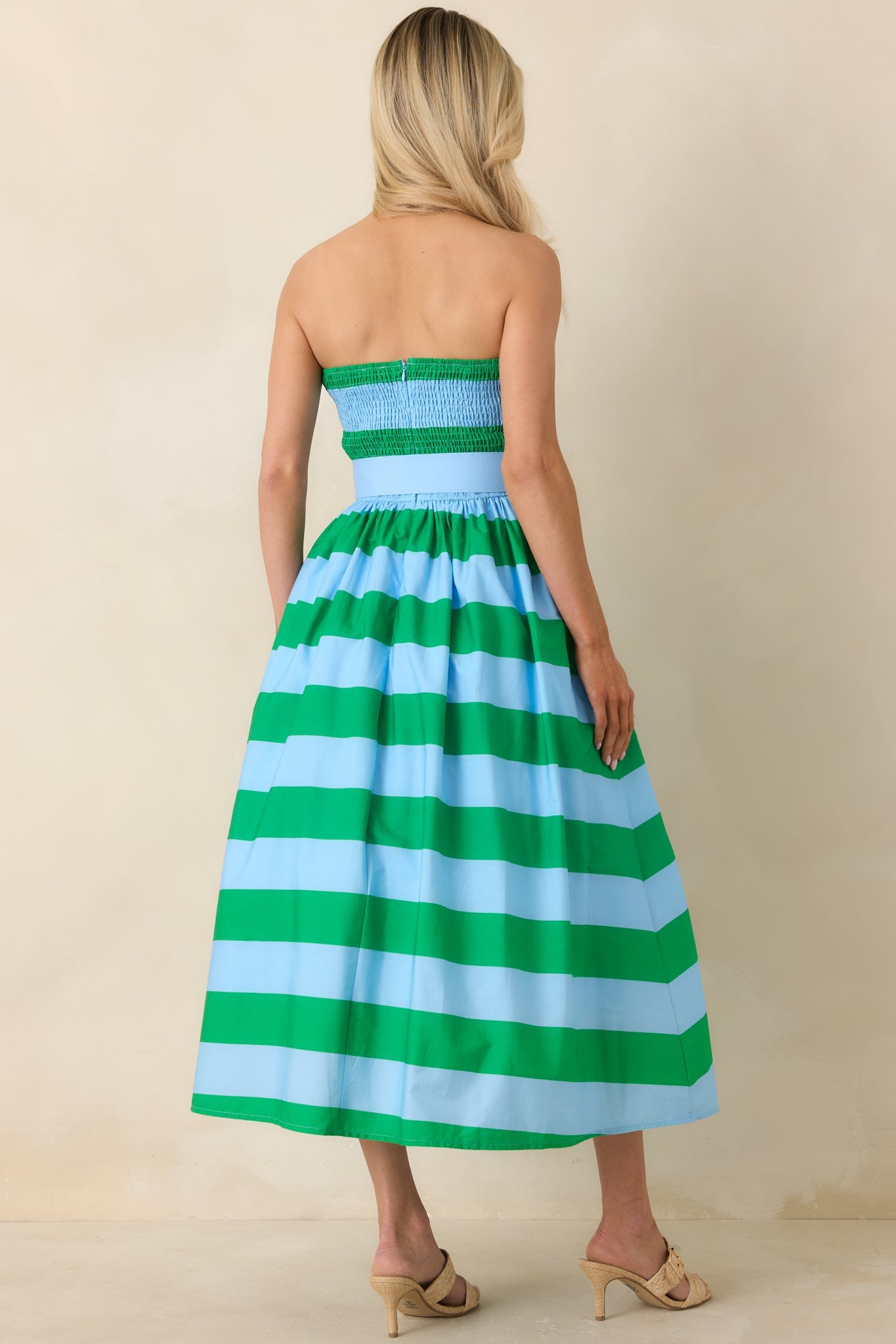 The Amanda Green & Light Blue Stripe Cotton Strapless Midi Dress