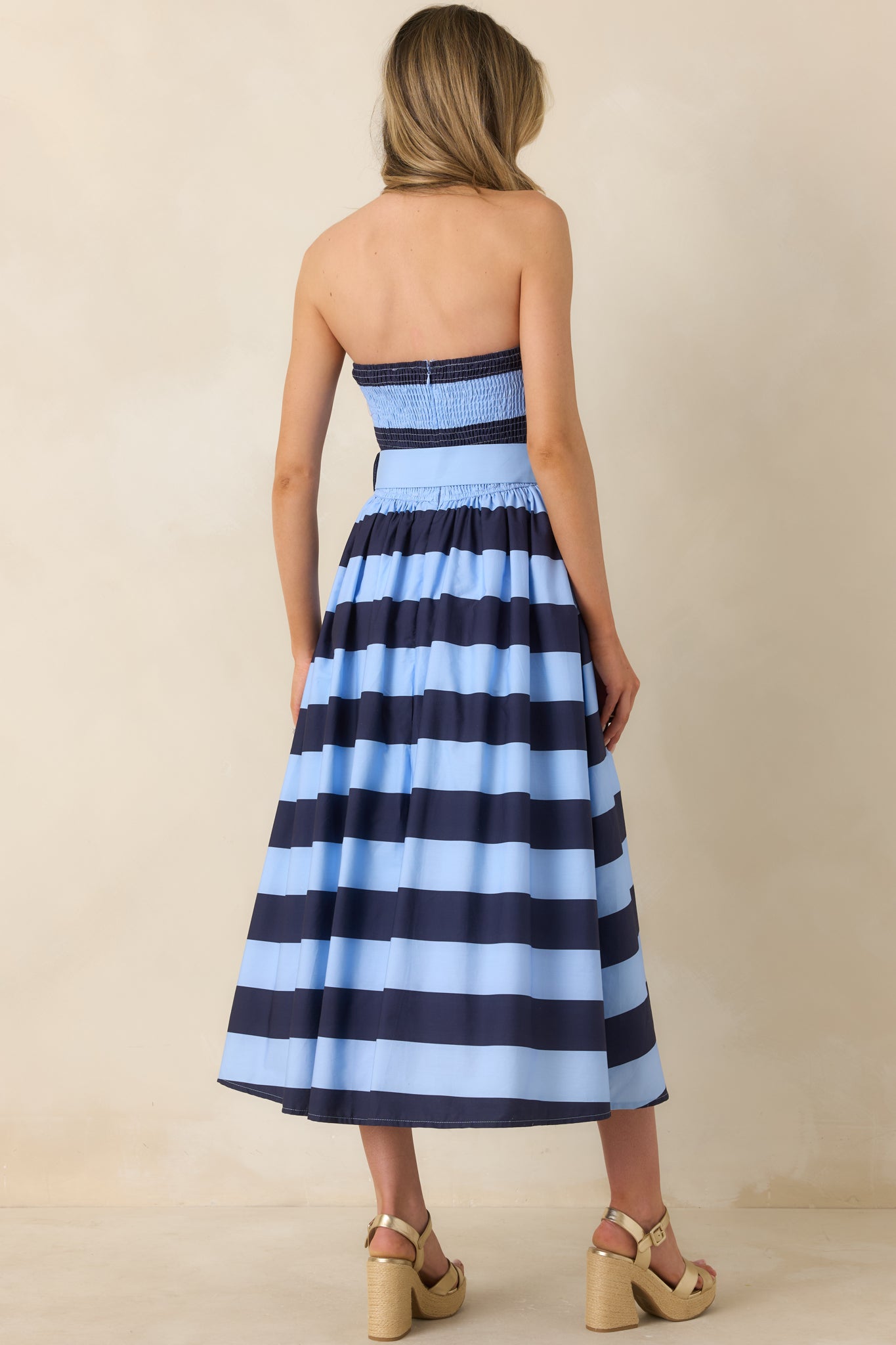 The Amanda Navy & Light Blue Stripe Cotton Strapless Midi Dress