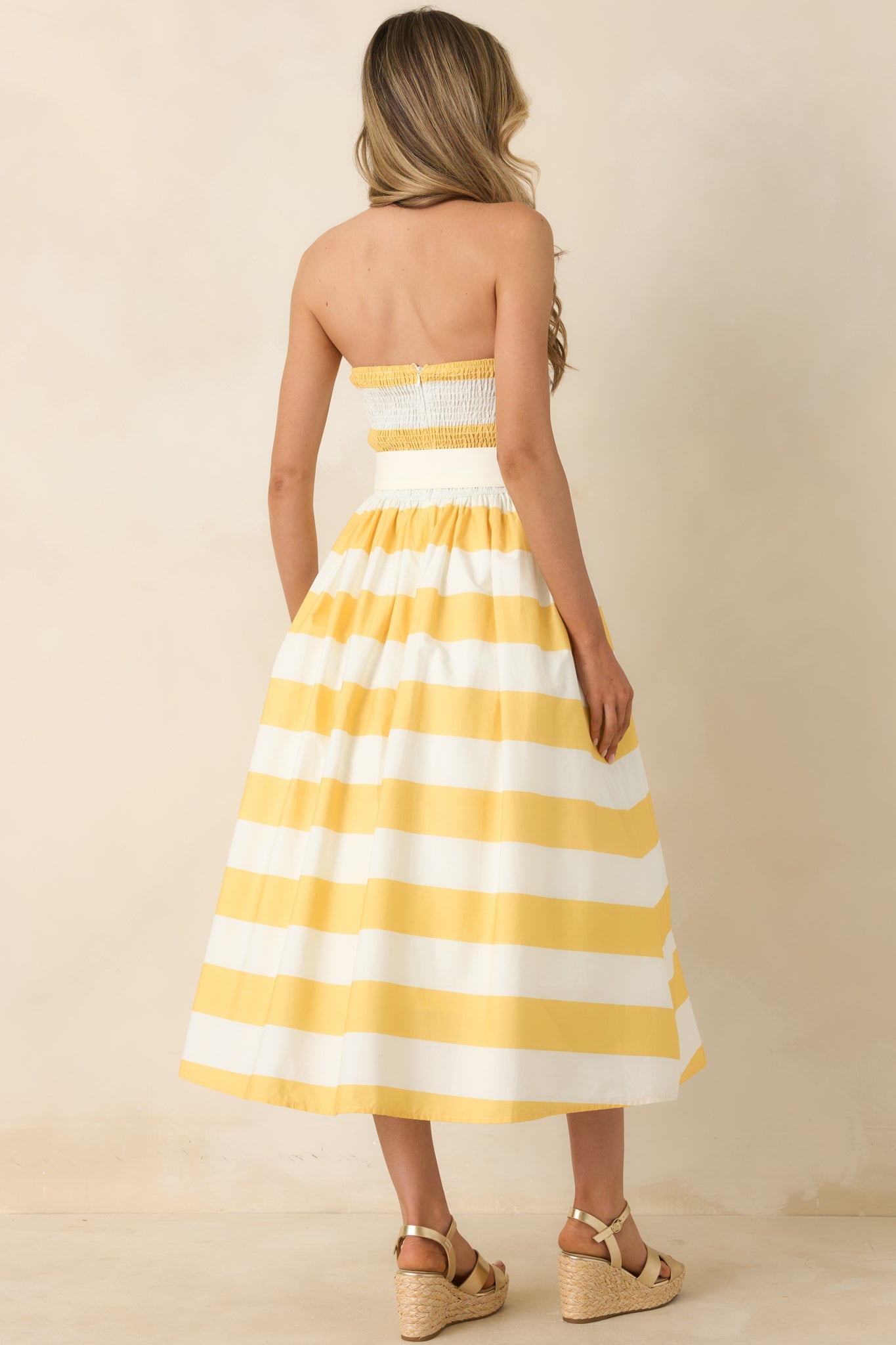 The Amanda Yellow & White Stripe Cotton Strapless Midi Dress