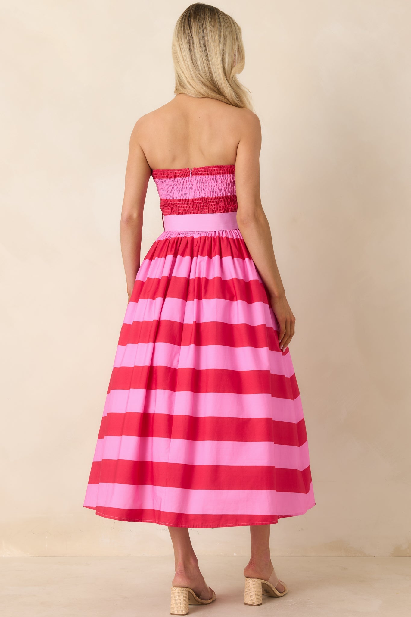 The Amanda Pink & Red Stripe Cotton Strapless Midi Dress