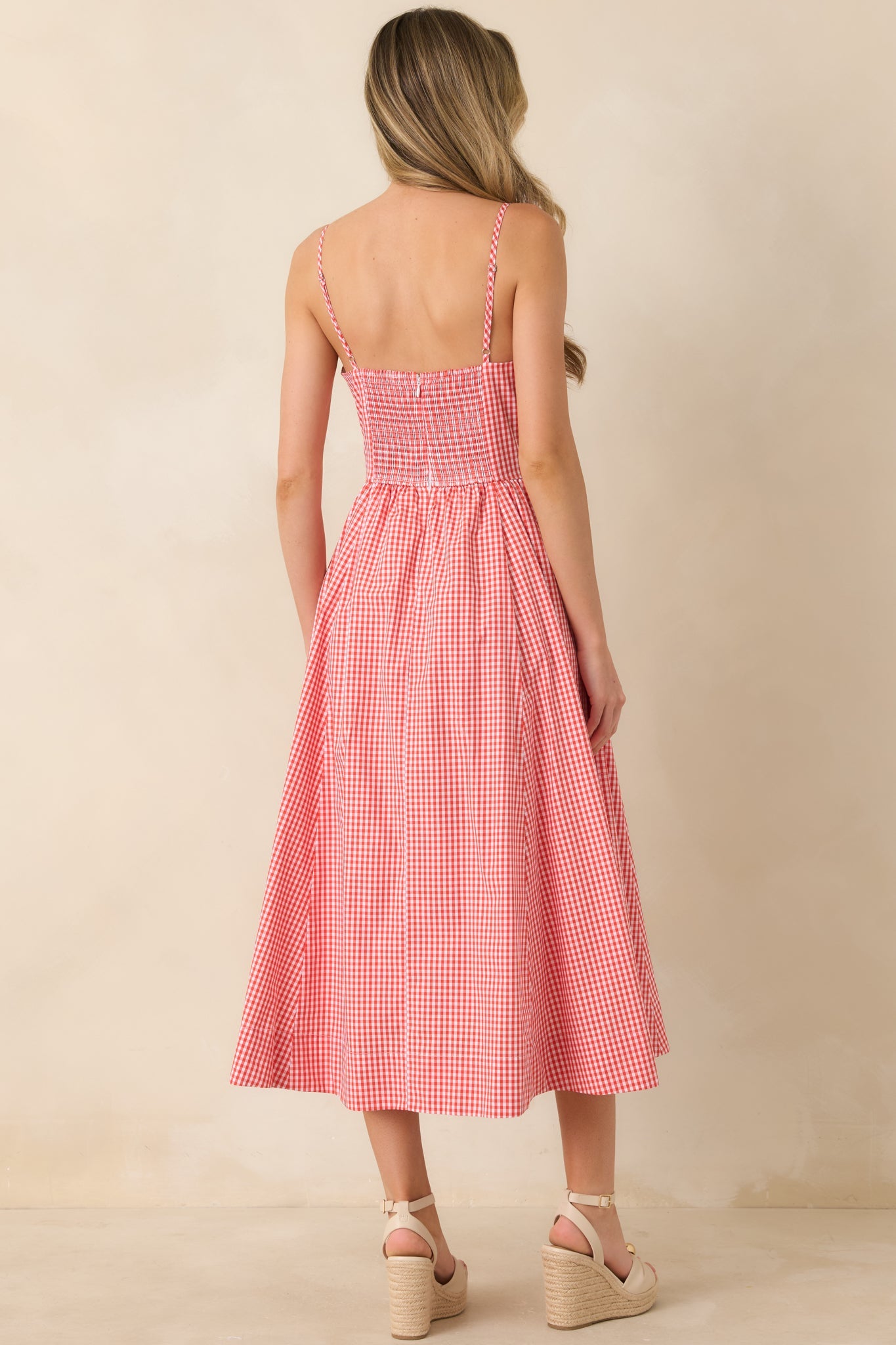 Weekend on the Coast Poppy Red Gingham Sleeveless Midi Dress