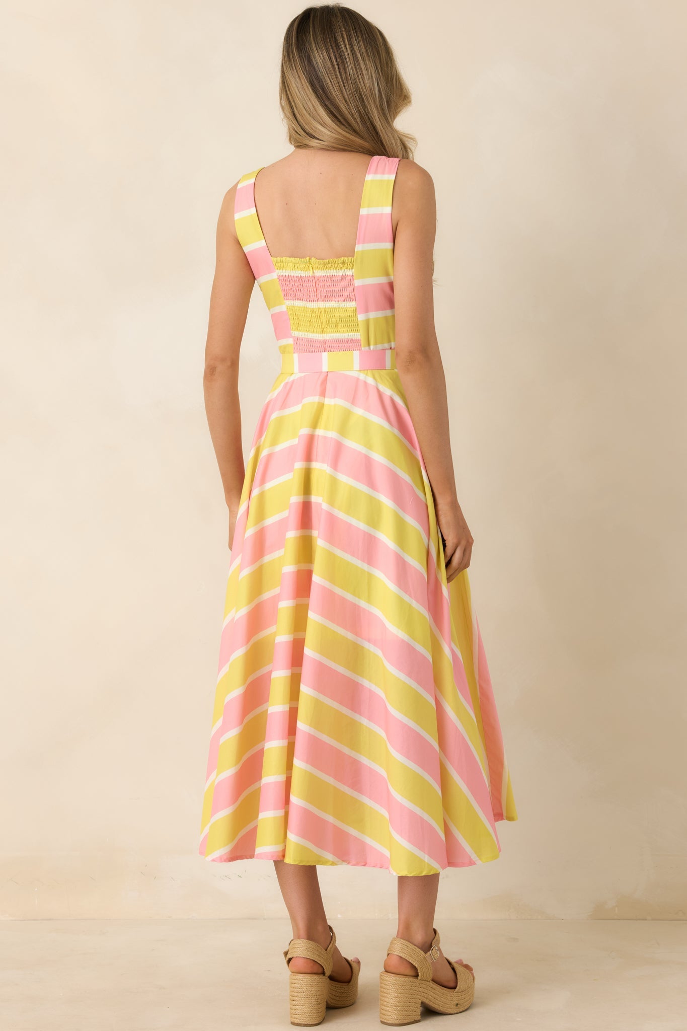Sunbeam Days Yellow & Pink Stripe Cotton Belted Midi Dress