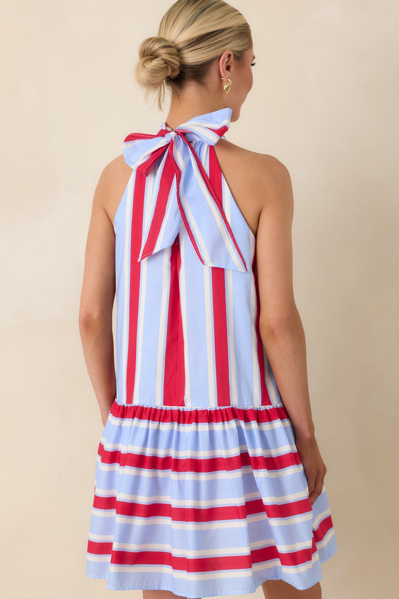 Made for Fireworks Red & Light Blue Stripe Cotton Halter Tiered Mini Dress