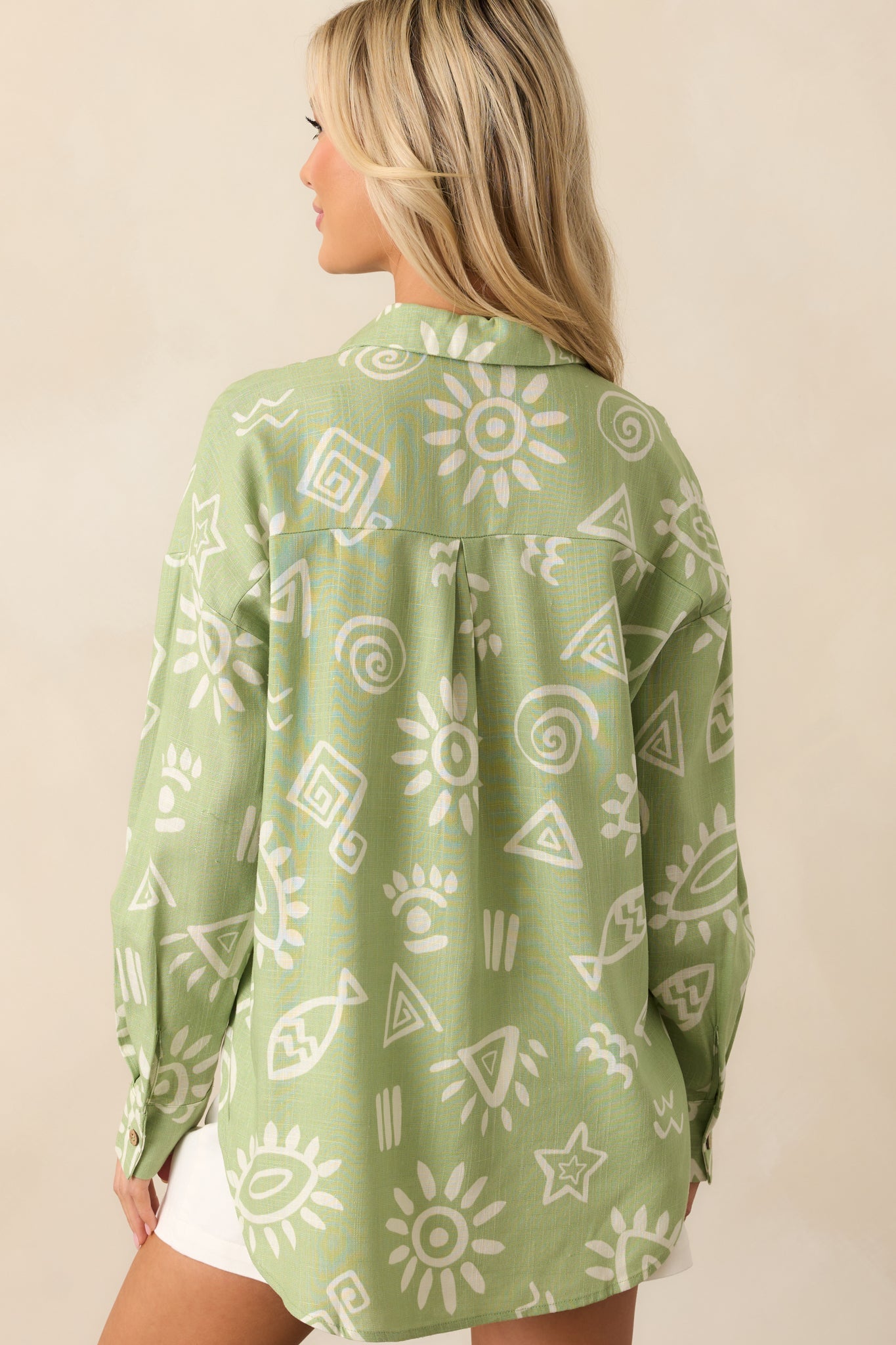In My Flow Olive Green Tropical Print Linen Button Front Top