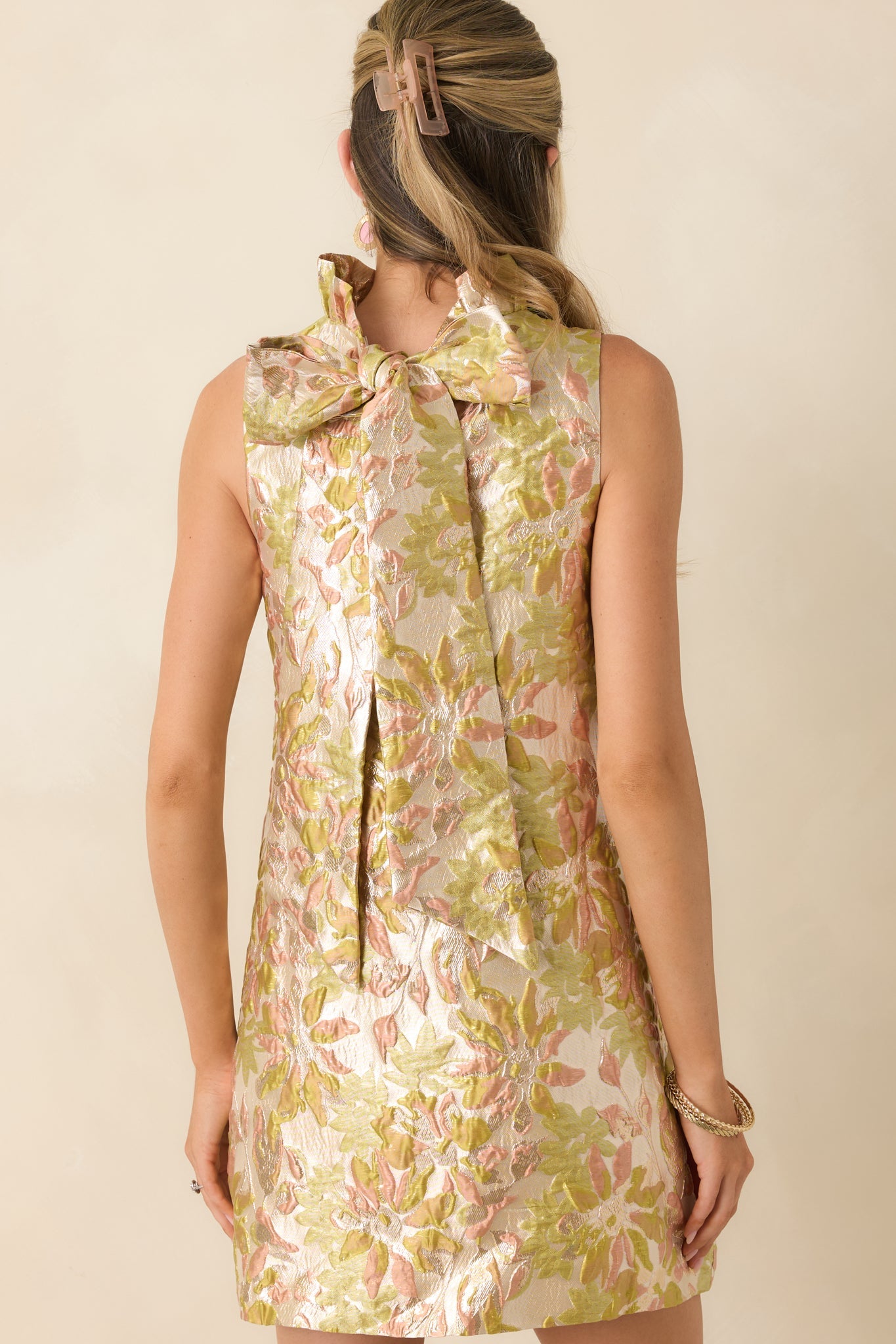 Prosperina Cecily Champagne Metallic Floral Jacquard Mini Dress
