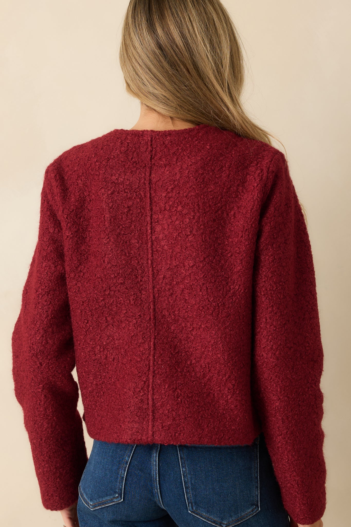 Whispered Warmth Cherry Red Bouclé Button Front Jacket