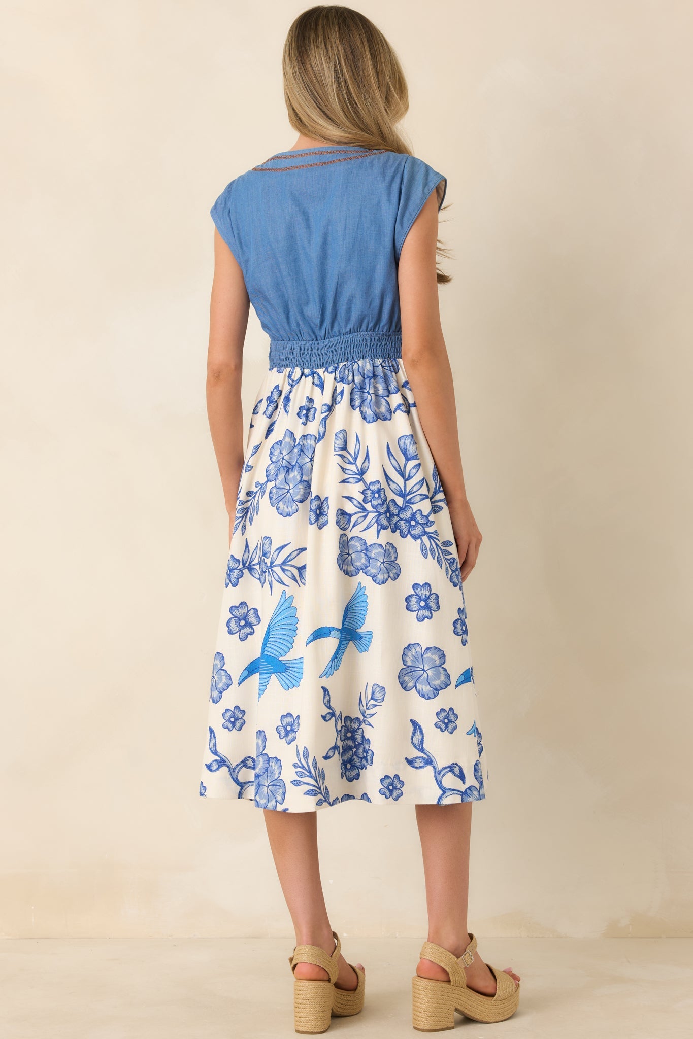 Aylaya Aubrey Ivory & Blue Floral Denim Bodice Midi Dress