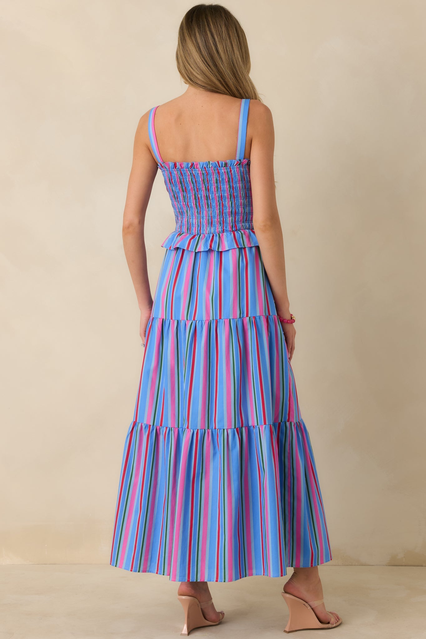 Sunny Side Up Blue Multi Stripe Cotton Smocked Tiered Maxi Dress
