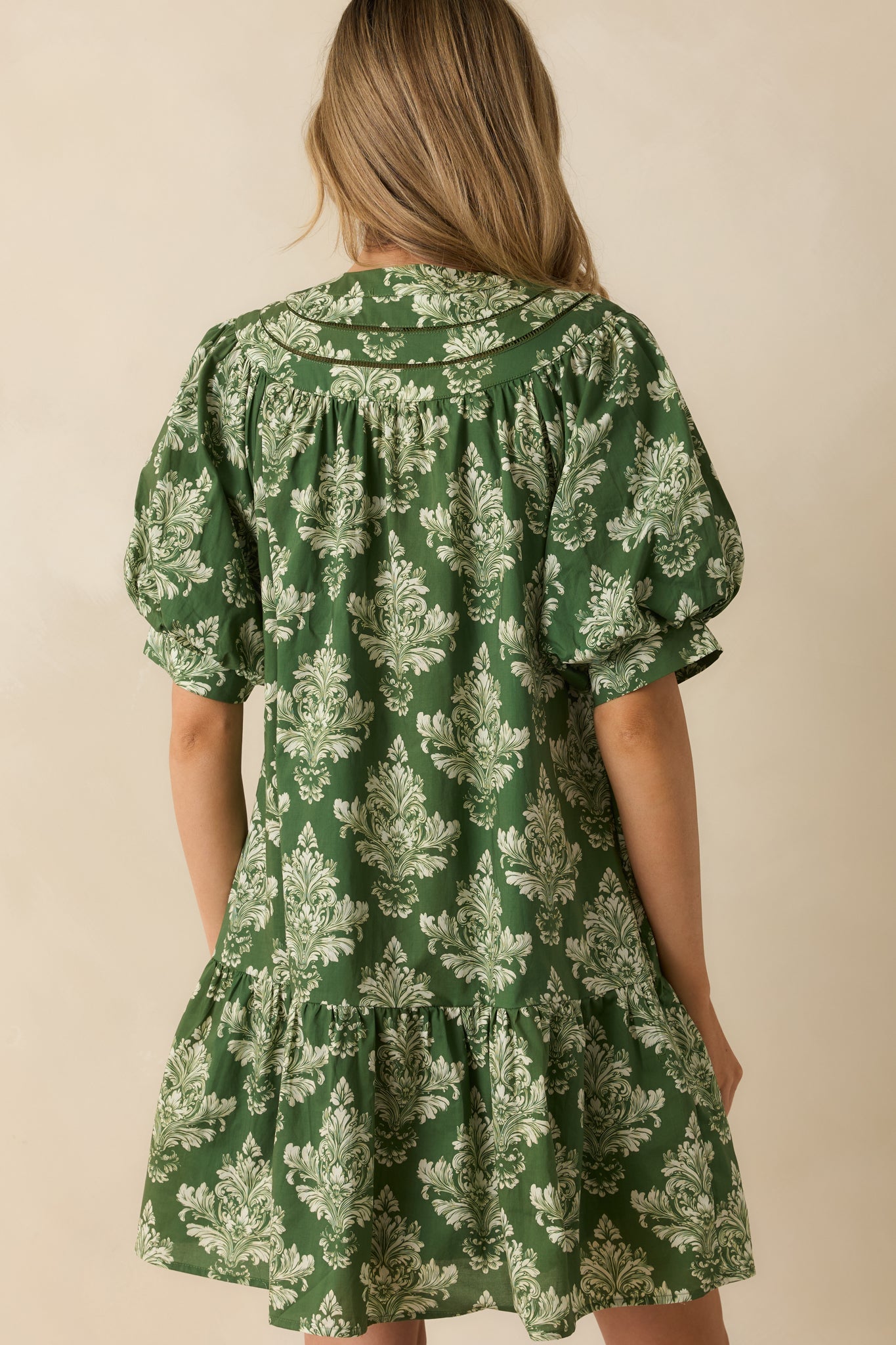 Heirloom Grace Green Damask Print Cotton Mini Dress