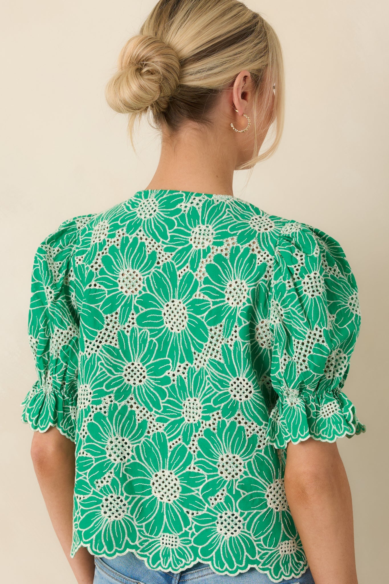 Look At You Green Cotton Floral Embroidered Button Front Top