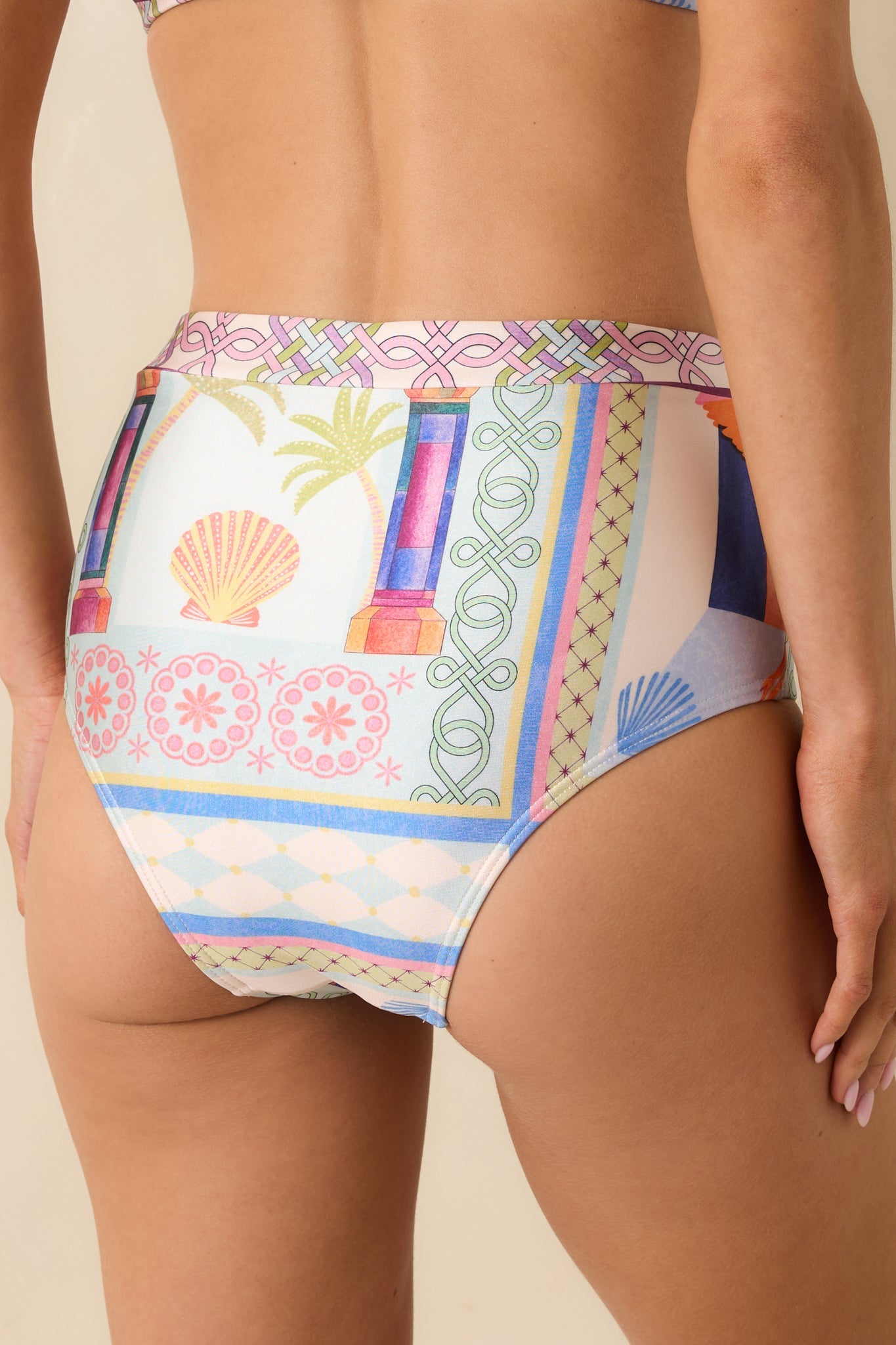 MINKPINK Elysia White Multi Tropical Tile Print High Waisted Bikini Bottoms