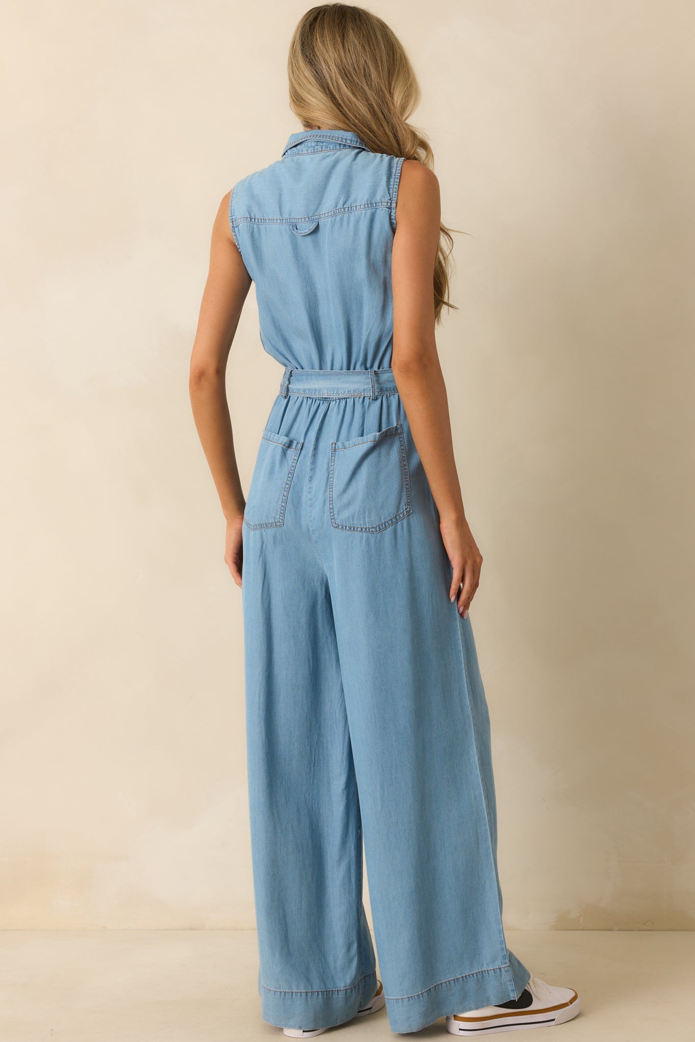Best Foot Forward Blue Chambray Sleeveless Jumpsuit