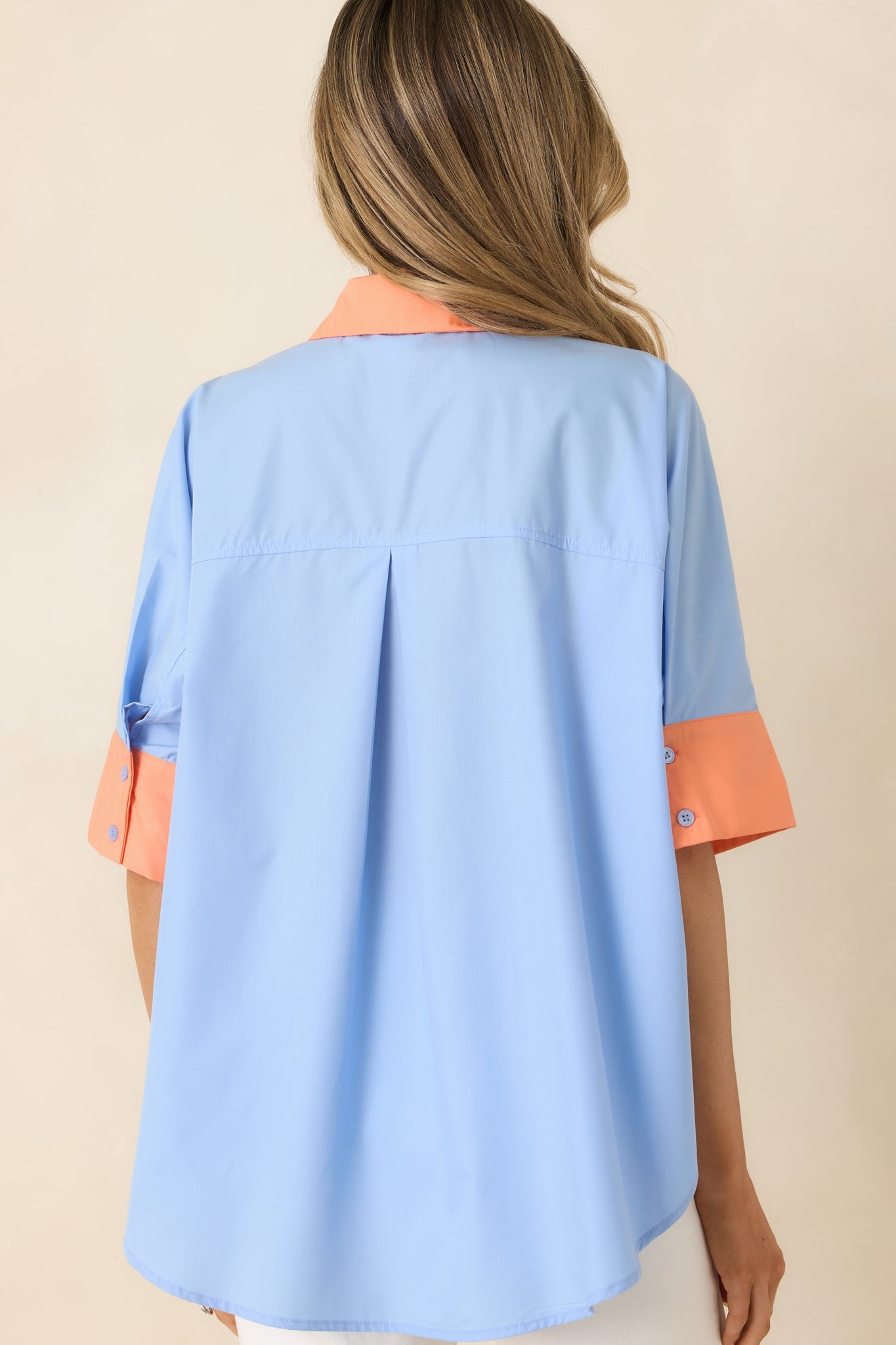 Catch the Vibe Light Blue & Orange Color Block Short Sleeve Shirt
