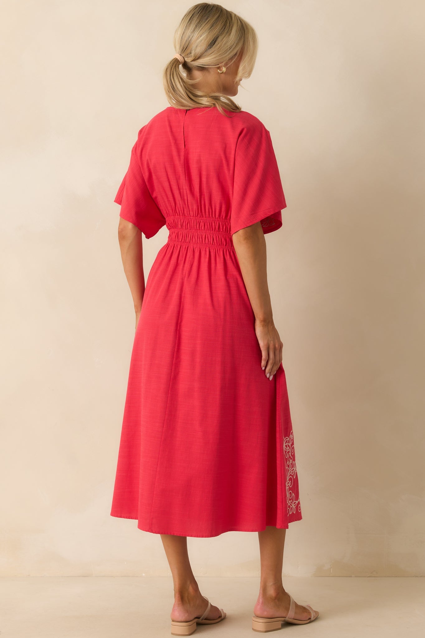 Finding Your Way Red Floral Embroidered Cotton Midi Dress