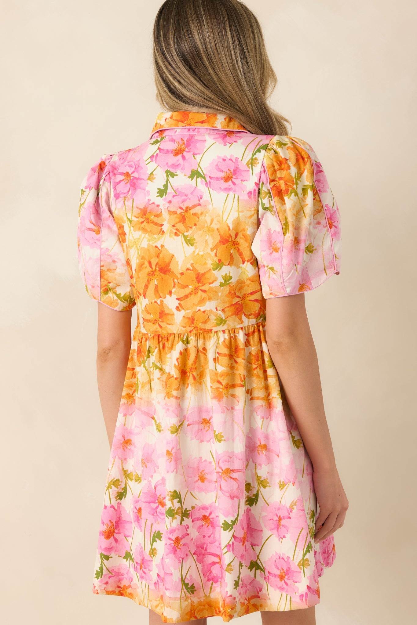 Pick Me, Please Orange & Pink Floral Cotton Puff Sleeve Mini Dress