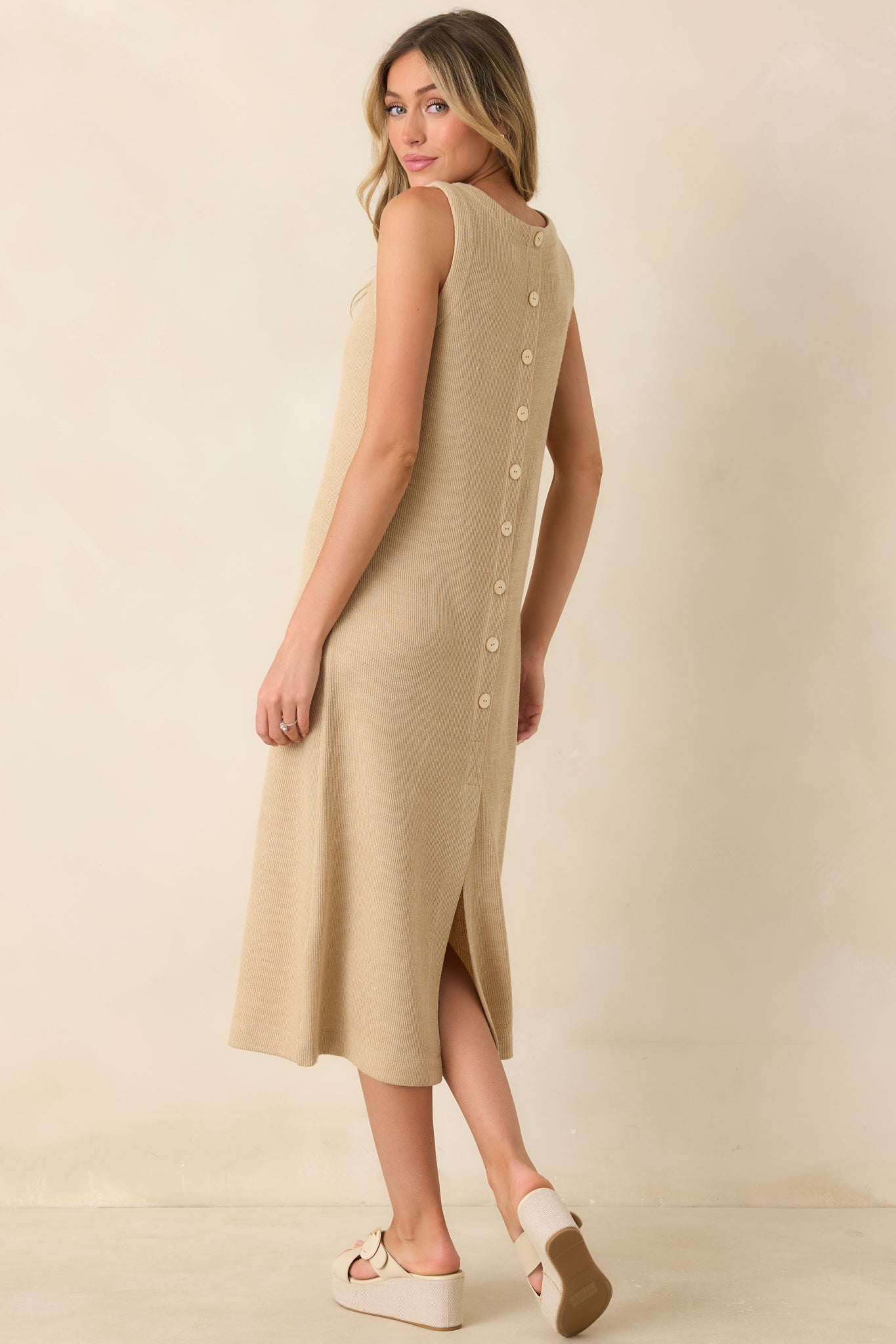Soft Horizons Natural Rib Knit Button Back Midi Dress