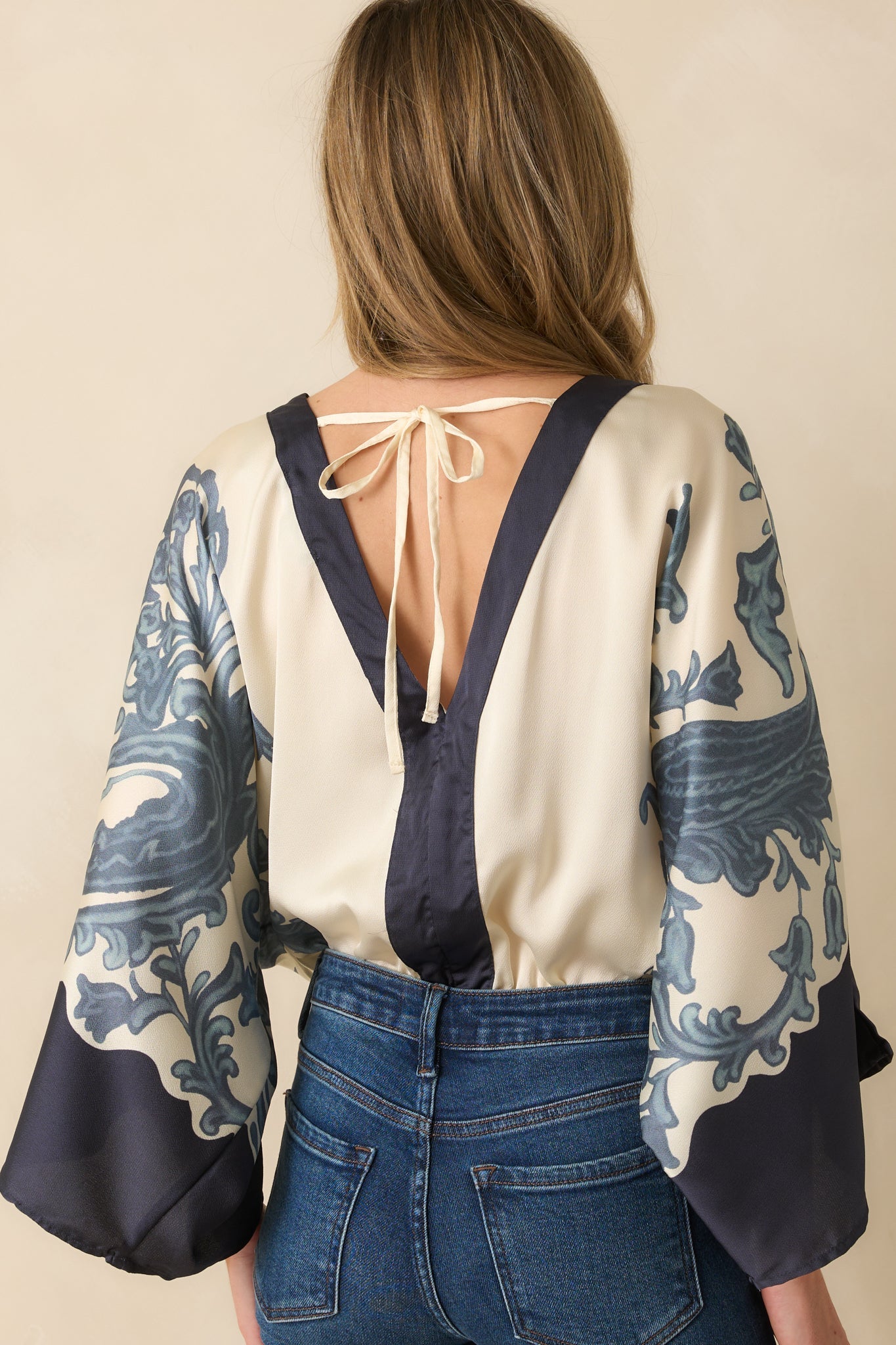 With That Said Navy Multi Print Contrast Trim Kimono Sleeve Bodysuit