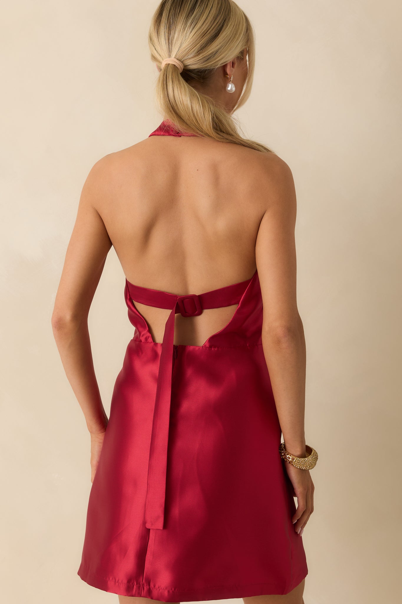 The Bold Type Red Satin Buckle Strap Halter Mini Dress