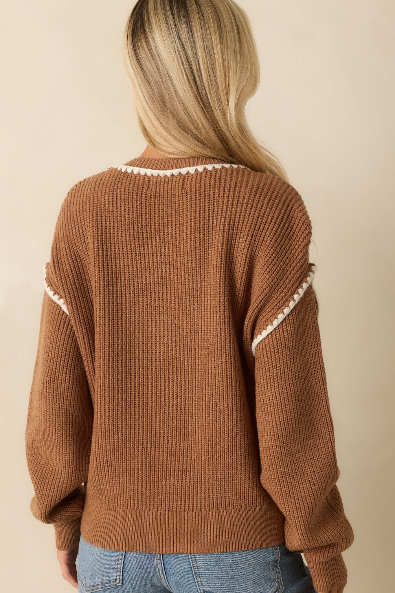 On The Mark Camel Brown Contrast Trim Knit Button Up Cardigan