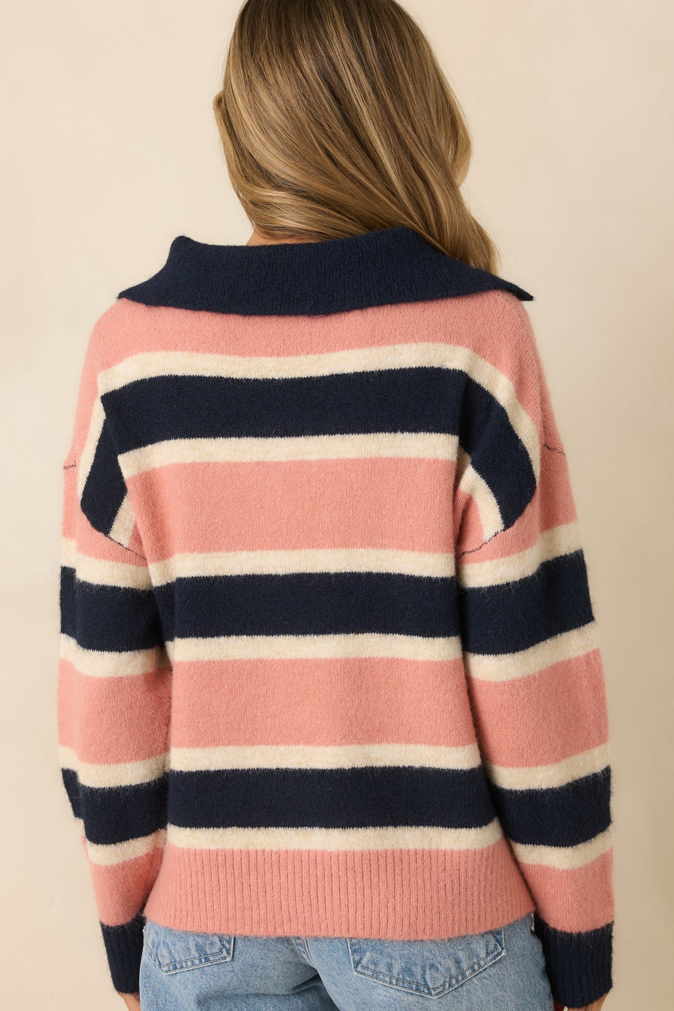 Well Played Navy & Mauve Brushed Knit Striped V-Neck Collared Sweater