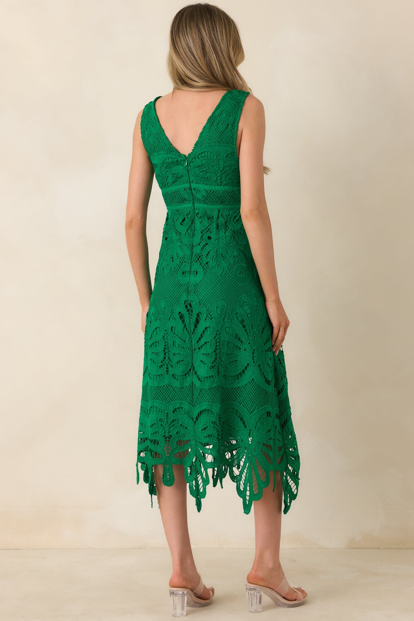 Where the Party Is Green Lace V-Neck Sleeveless Midi Dress
