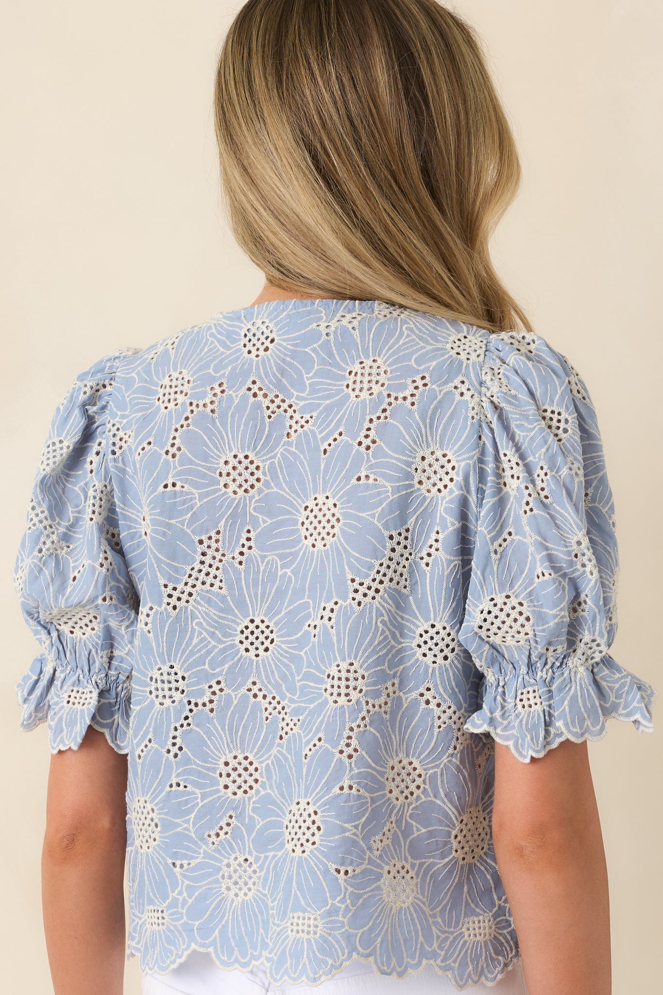 Look At You Blue Cotton Floral Embroidered Button Front Top
