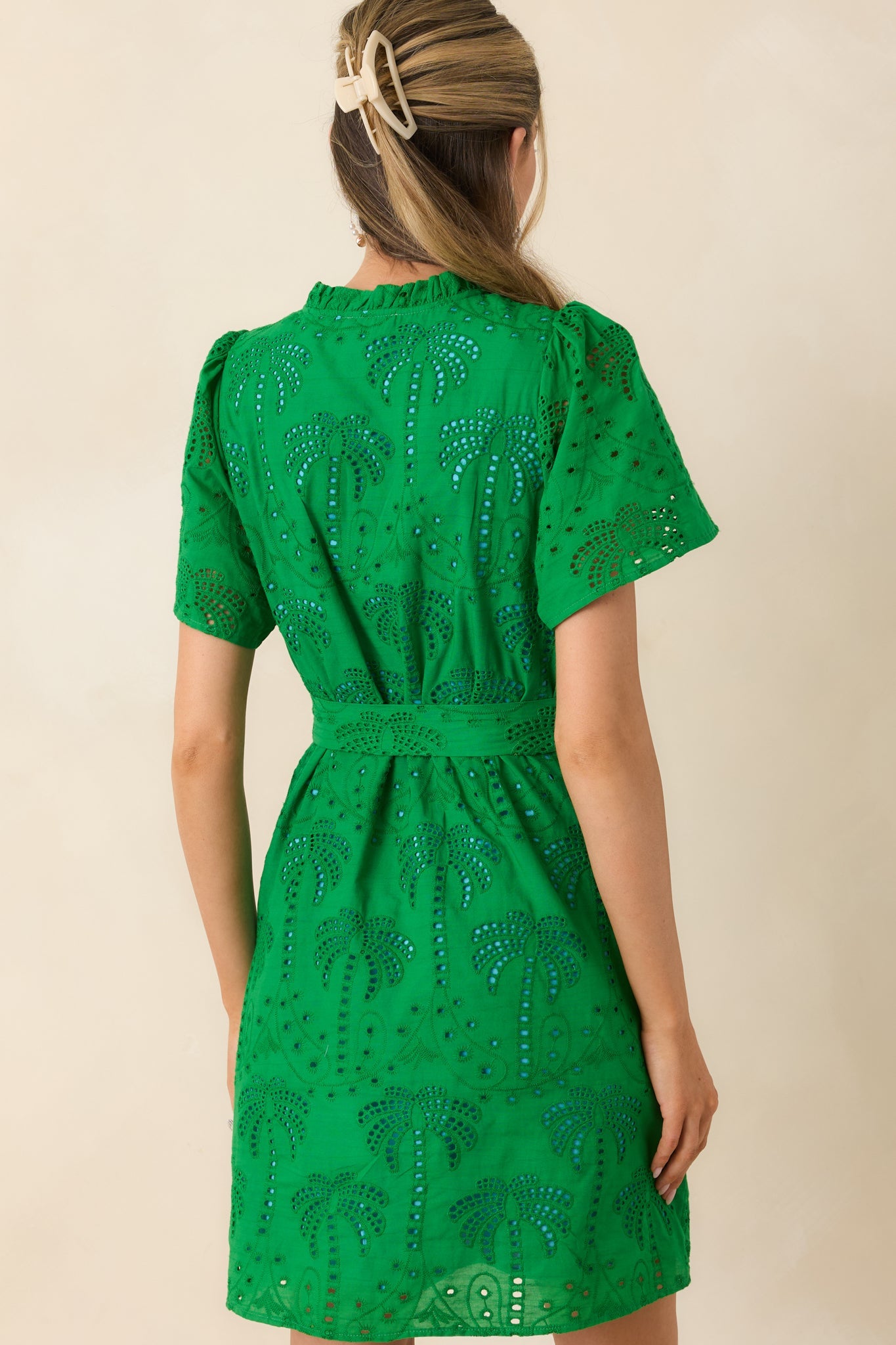 Isn't This Fun Green Cotton Eyelet Tie Waist Mini Dress