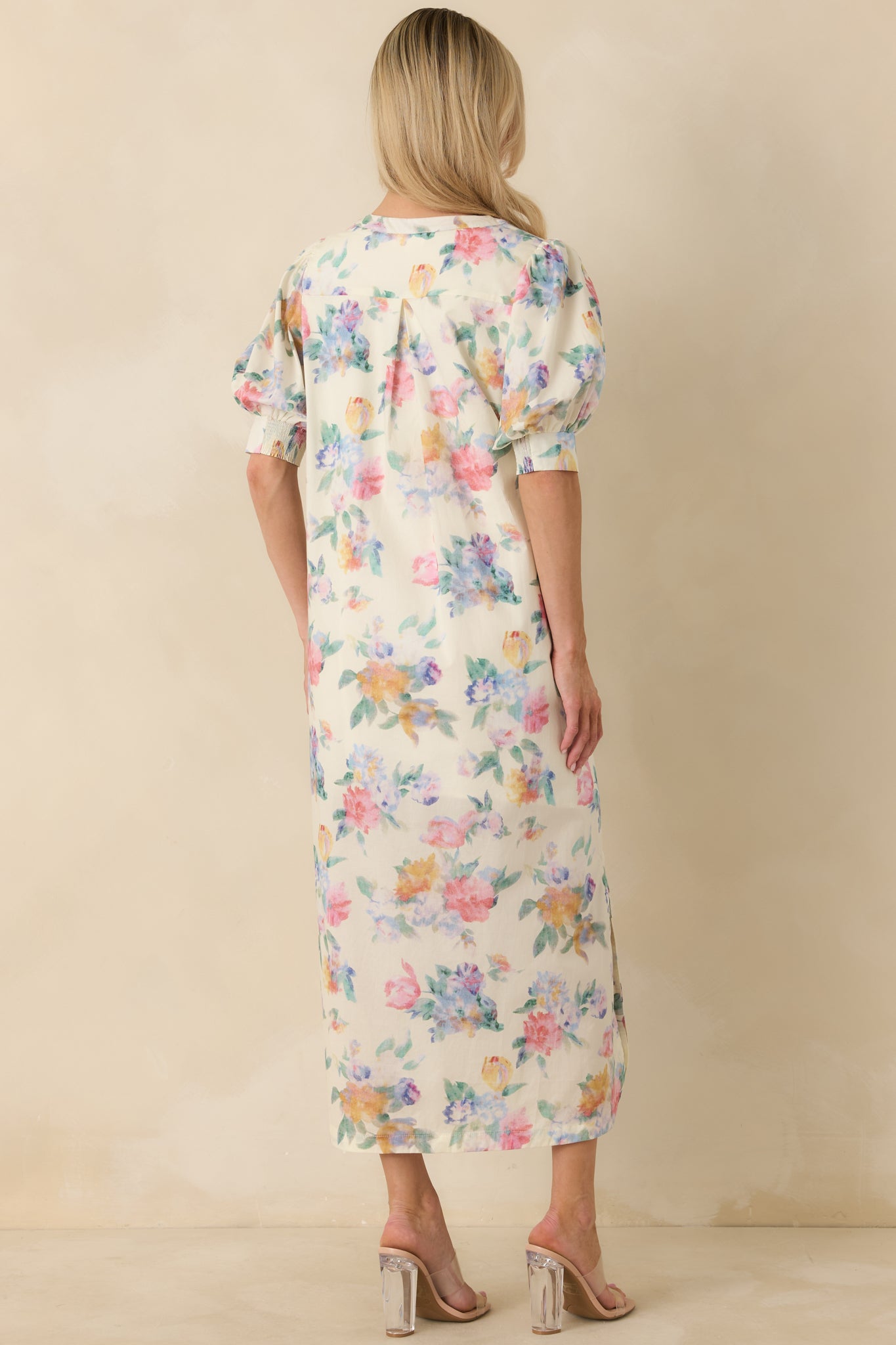 Whispering Brush Strokes White Multi Cotton Floral Puff Sleeve Maxi Dress
