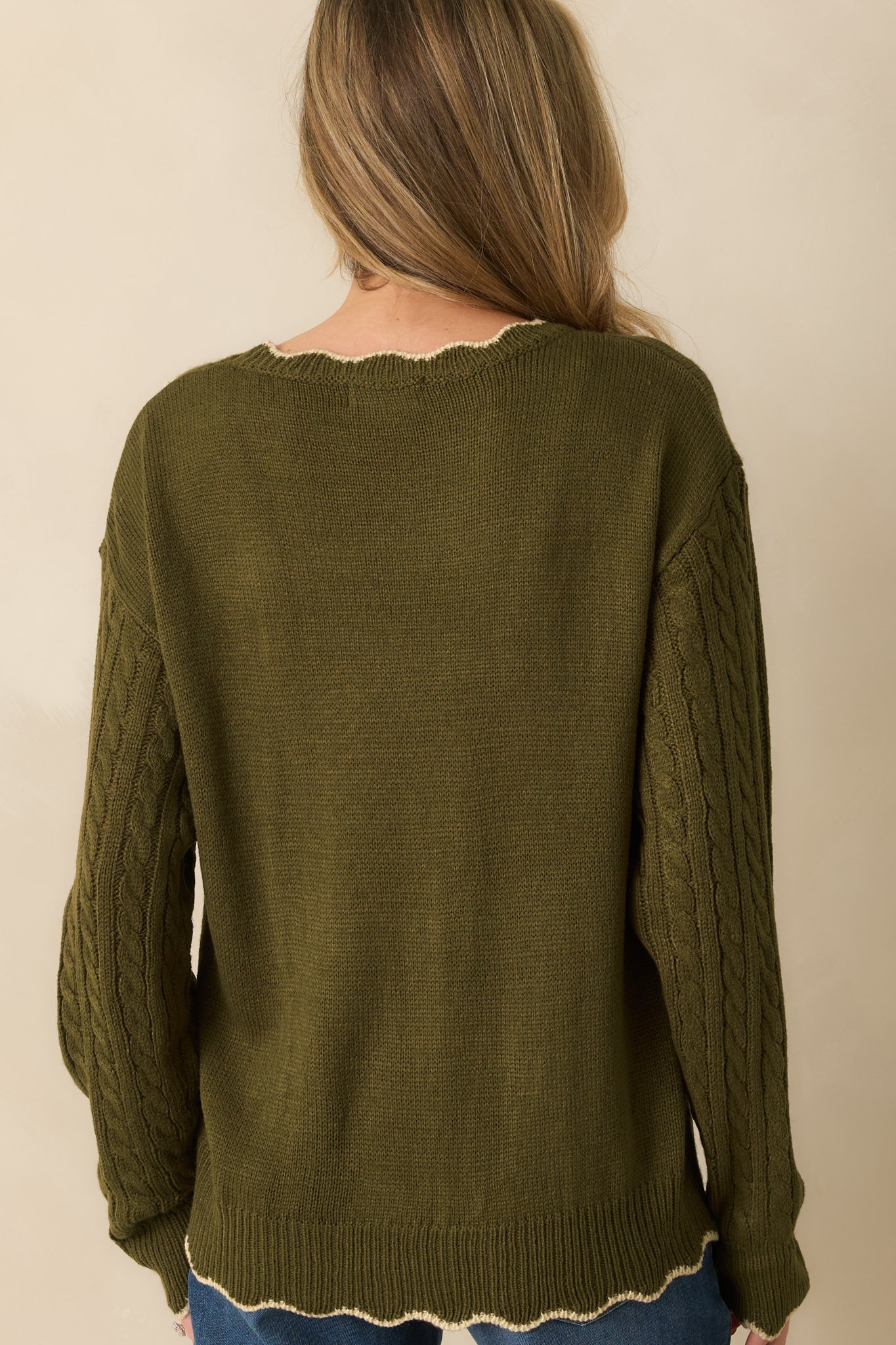 Guess Again Olive Cable Knit Floral Embroidered Scallop Hem Sweater