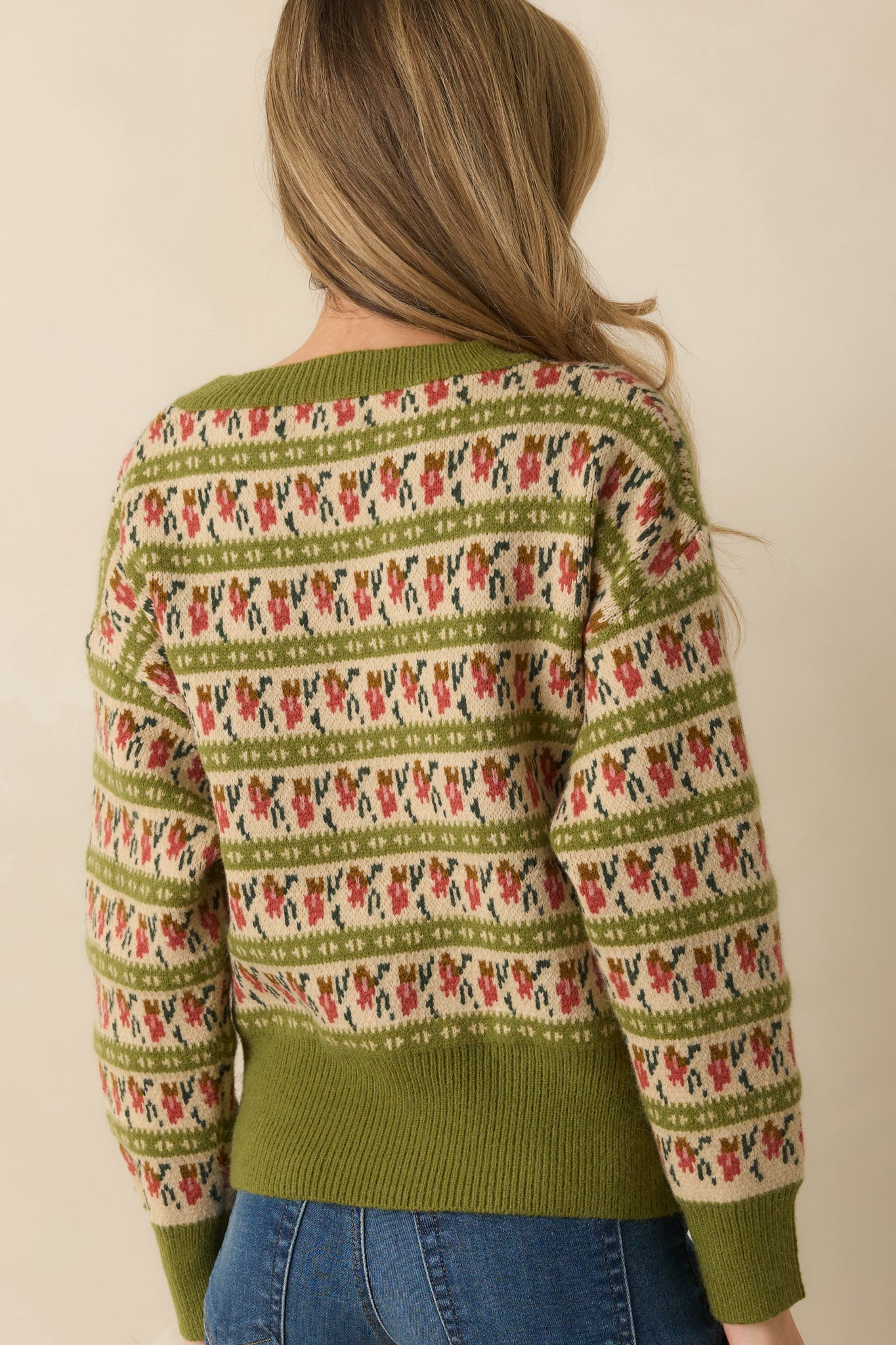 Guess What's Next Light Olive Multi Fair Isle Knit Crewneck Sweater