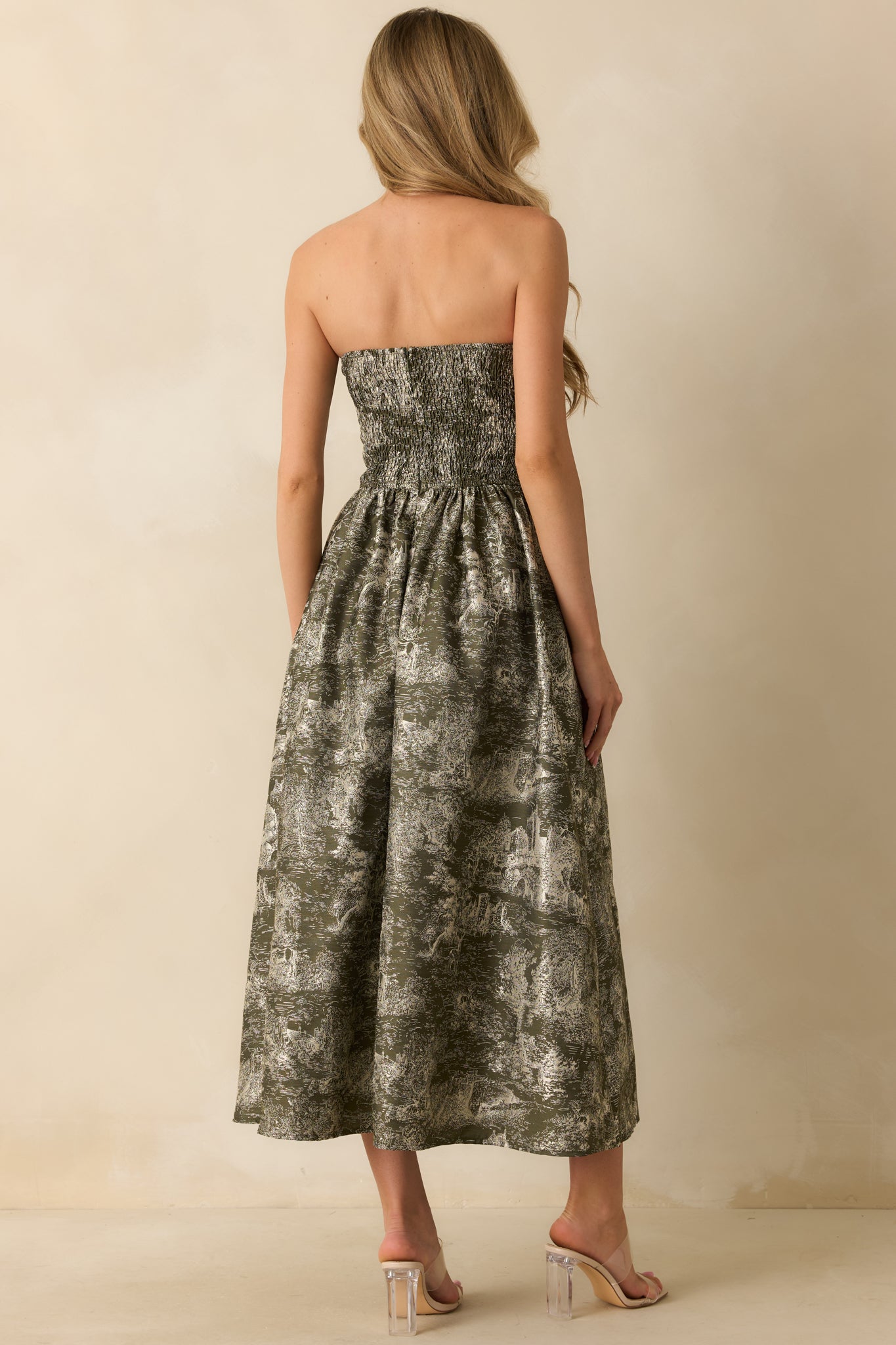 The Genevieve Olive Storybook Toile Jacquard Strapless Midi Dress