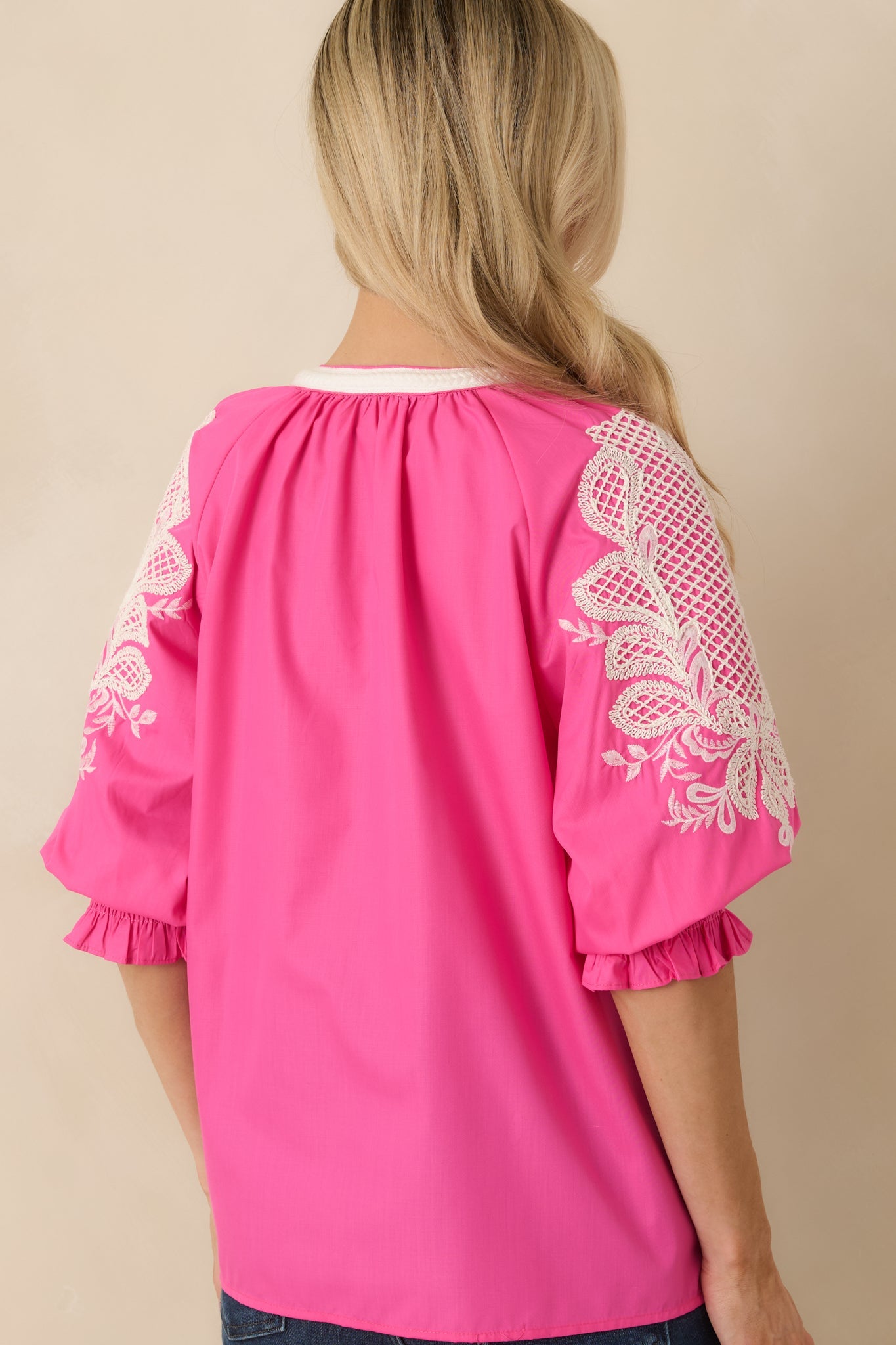 Simple Joys Pink Embroidered V-Neck Puff Sleeve Top